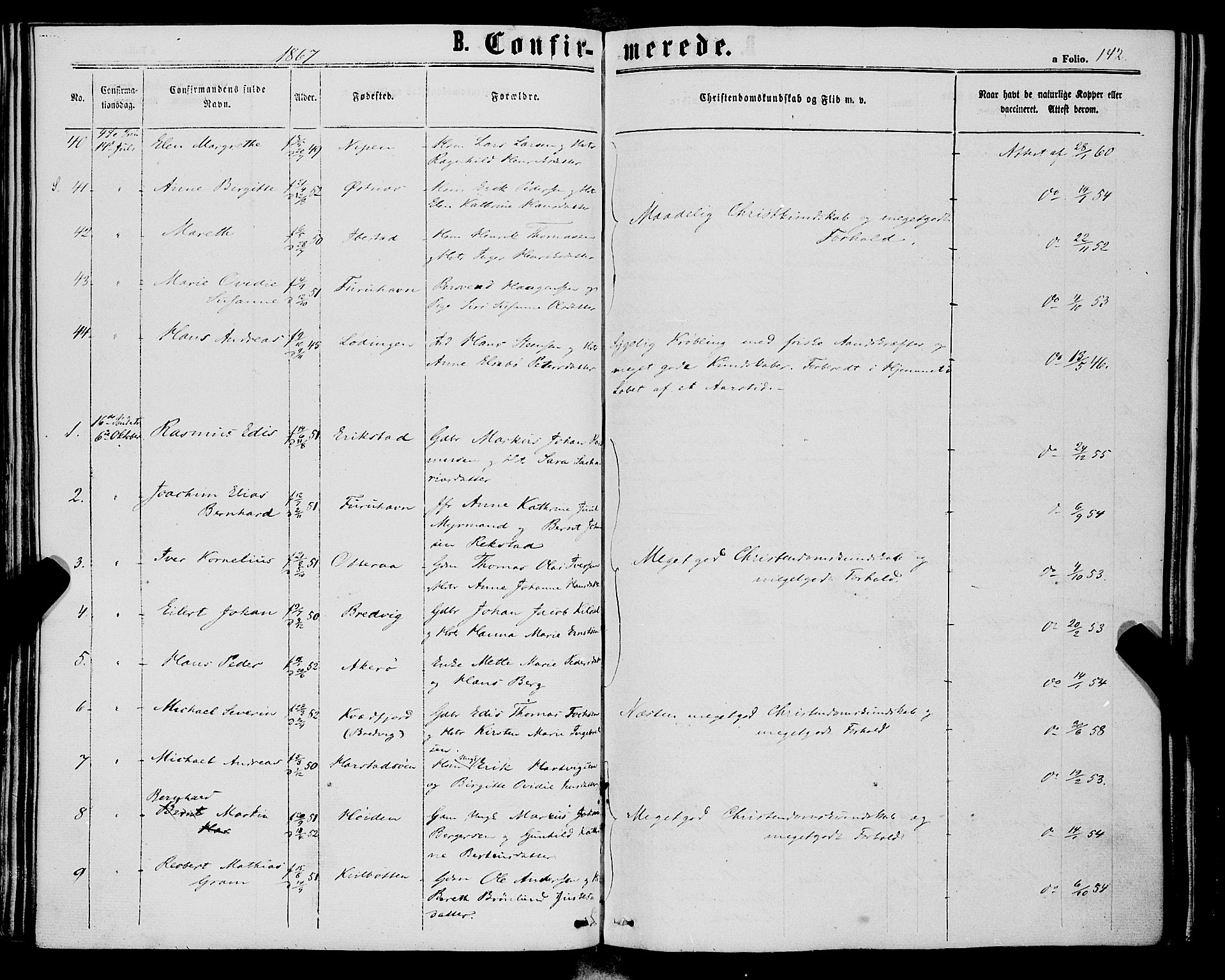 Trondenes sokneprestkontor, AV/SATØ-S-1319/H/Ha/L0012kirke: Parish register (official) no. 12, 1863-1870, p. 142