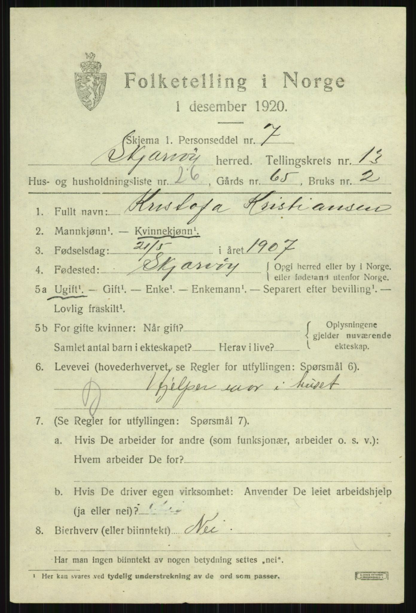 SATØ, 1920 census for Skjervøy, 1920, p. 6709