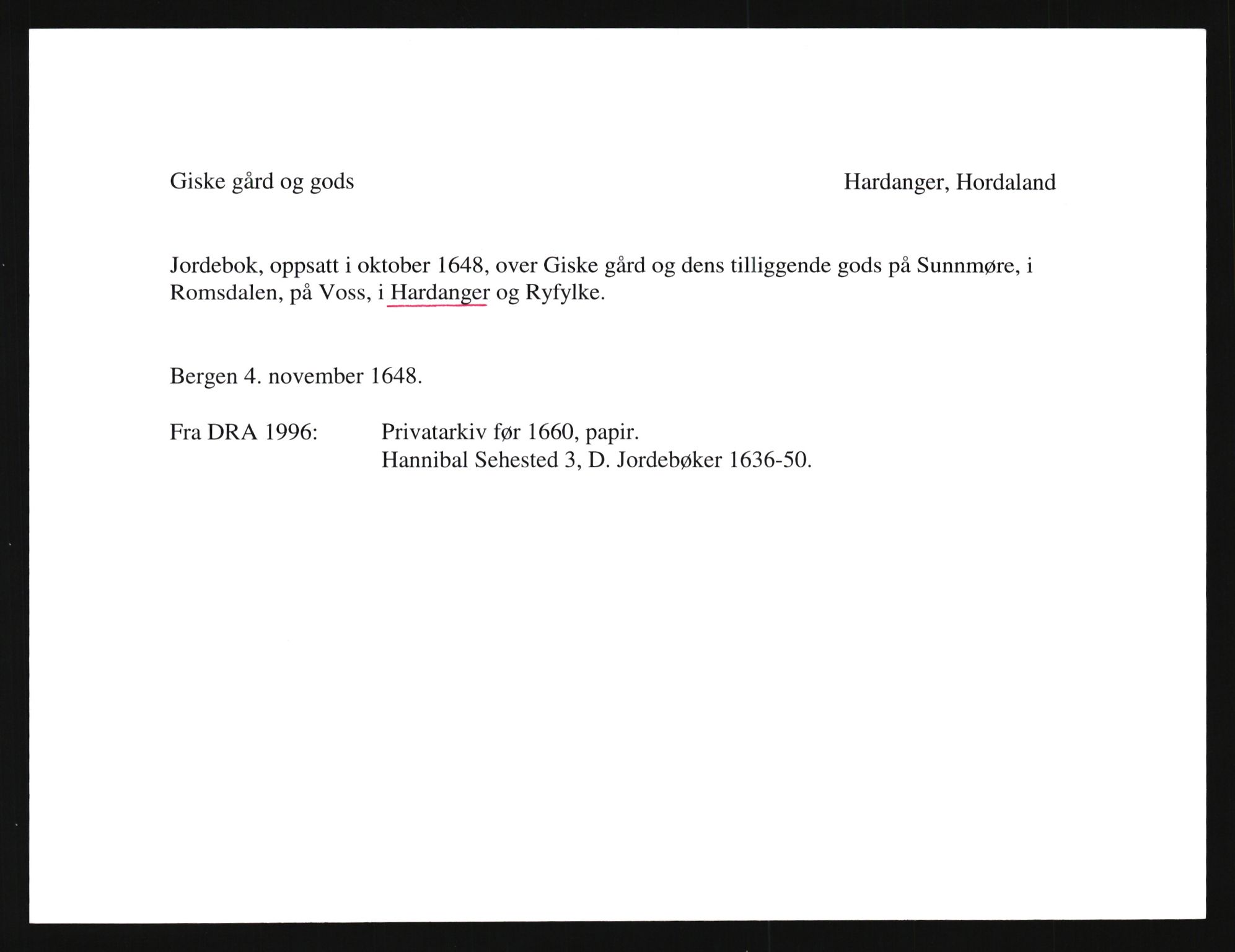 Riksarkivets diplomsamling, AV/RA-EA-5965/F35/F35e/L0029: Registreringssedler Hordaland 2, 1400-1700, p. 5