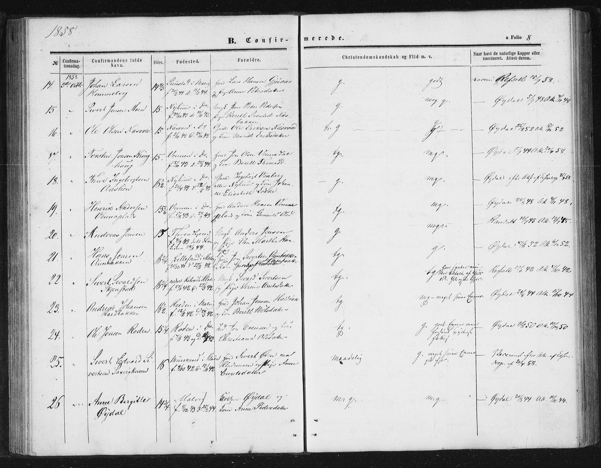 Ministerialprotokoller, klokkerbøker og fødselsregistre - Sør-Trøndelag, SAT/A-1456/616/L0408: Parish register (official) no. 616A05, 1857-1865, p. 8