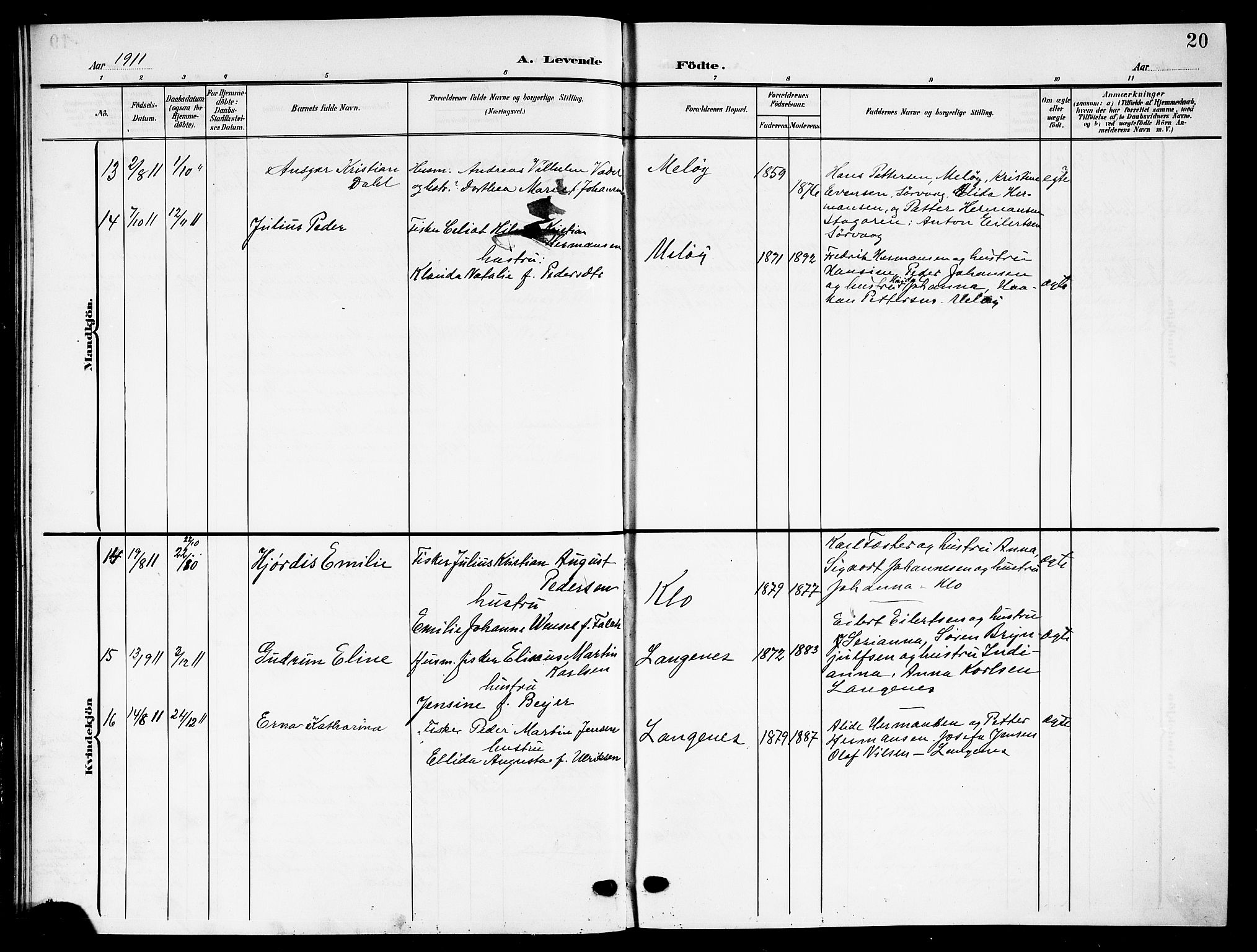 Ministerialprotokoller, klokkerbøker og fødselsregistre - Nordland, AV/SAT-A-1459/894/L1361: Parish register (copy) no. 894C04, 1905-1922, p. 20