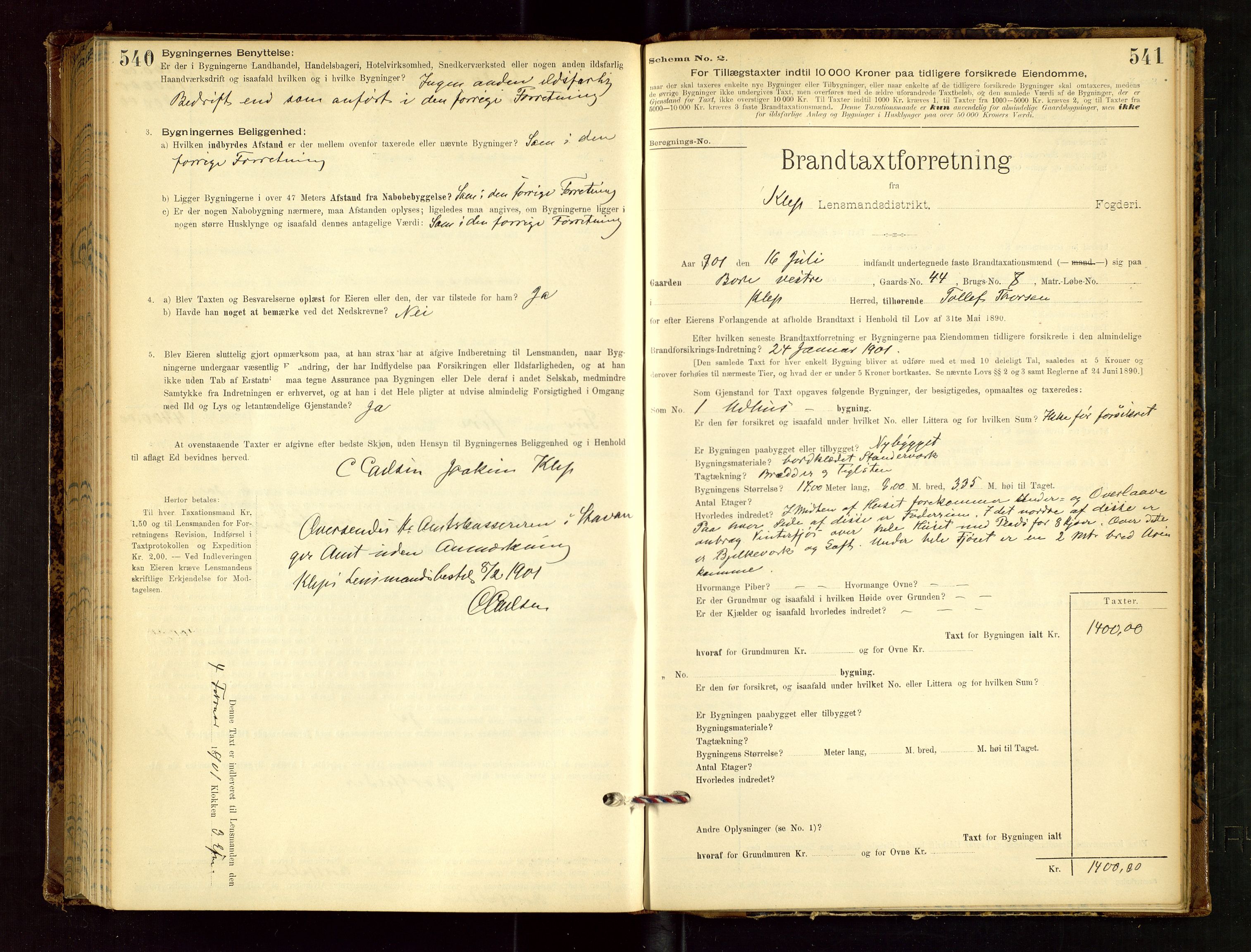 Klepp lensmannskontor, AV/SAST-A-100163/Goc/L0002: "Brandtaxationsprotokol" m/register, 1898-1902, p. 540-541