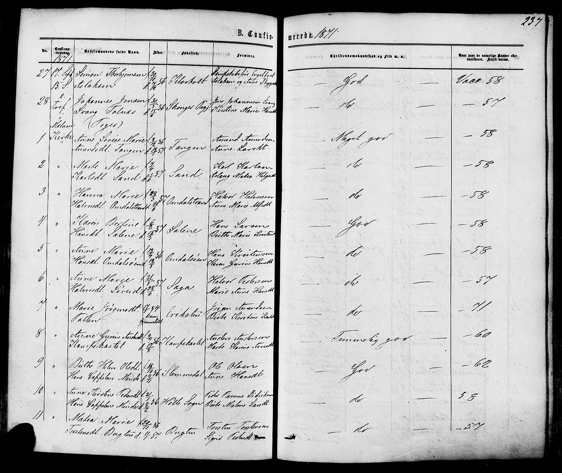 Solum kirkebøker, SAKO/A-306/F/Fa/L0008: Parish register (official) no. I 8, 1865-1876, p. 237