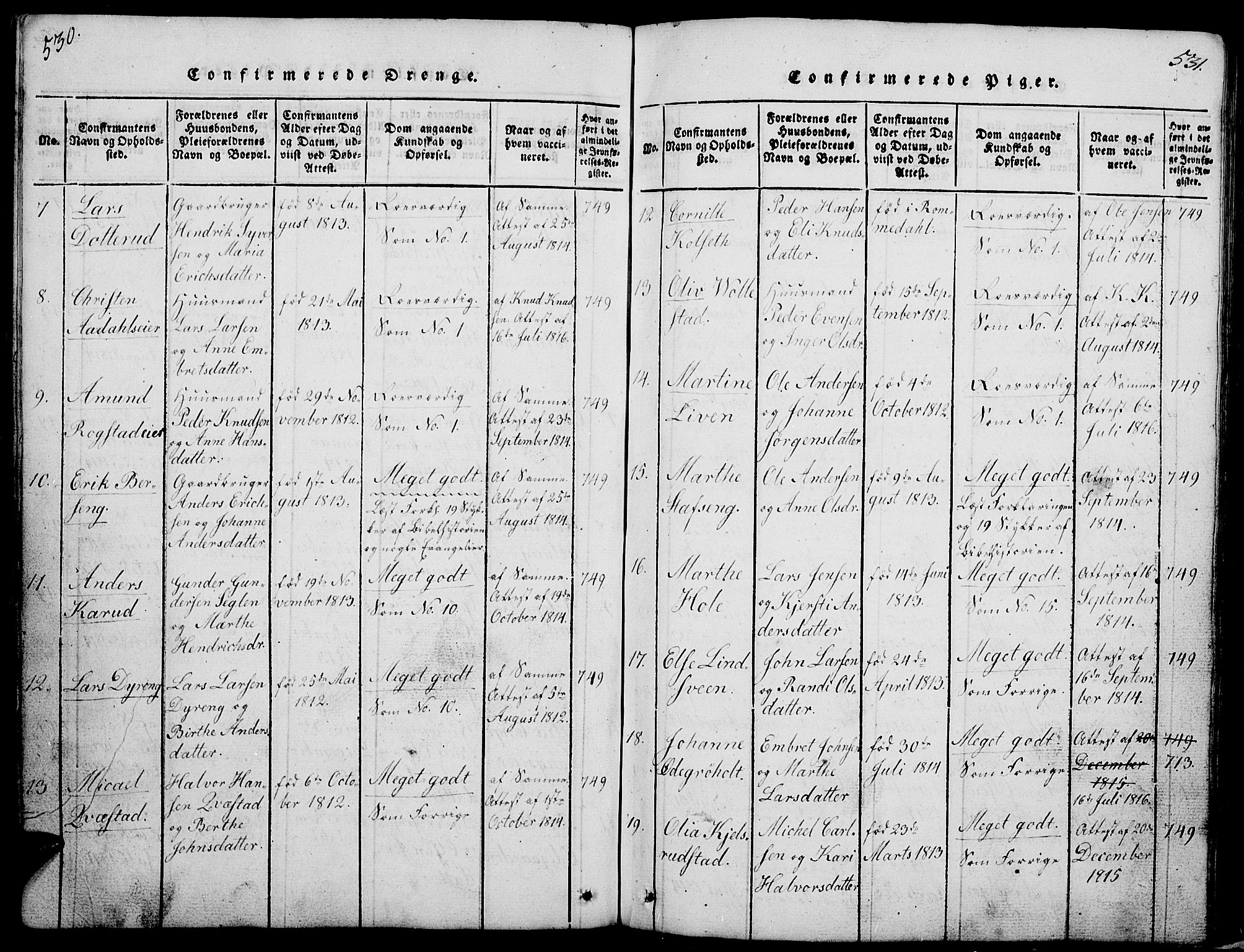 Løten prestekontor, AV/SAH-PREST-022/L/La/L0001: Parish register (copy) no. 1, 1812-1832, p. 530-531