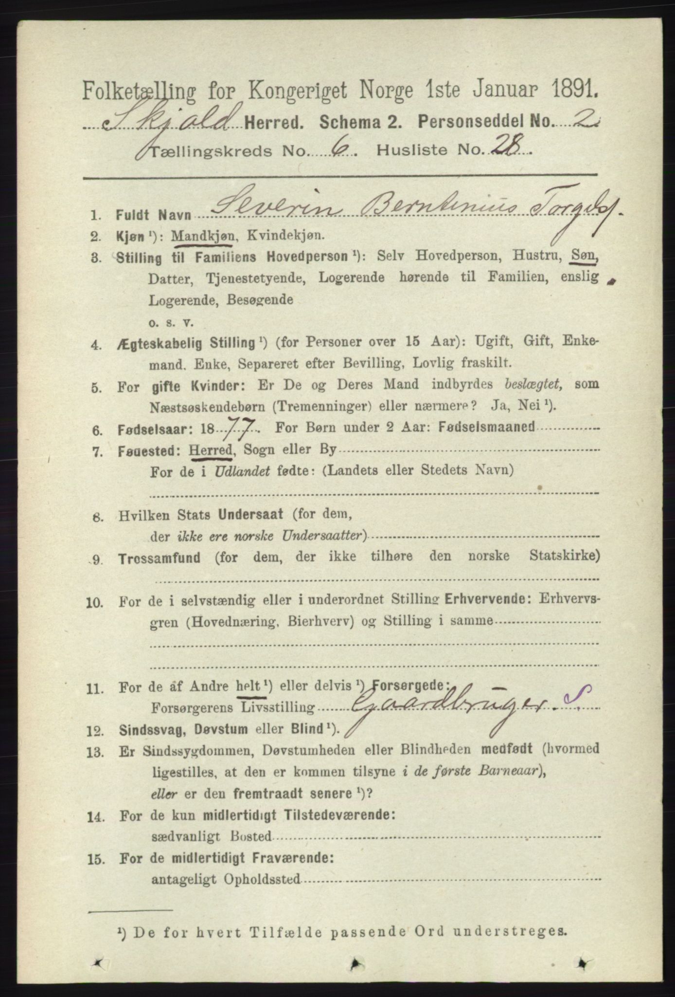 RA, 1891 census for 1154 Skjold, 1891, p. 1154