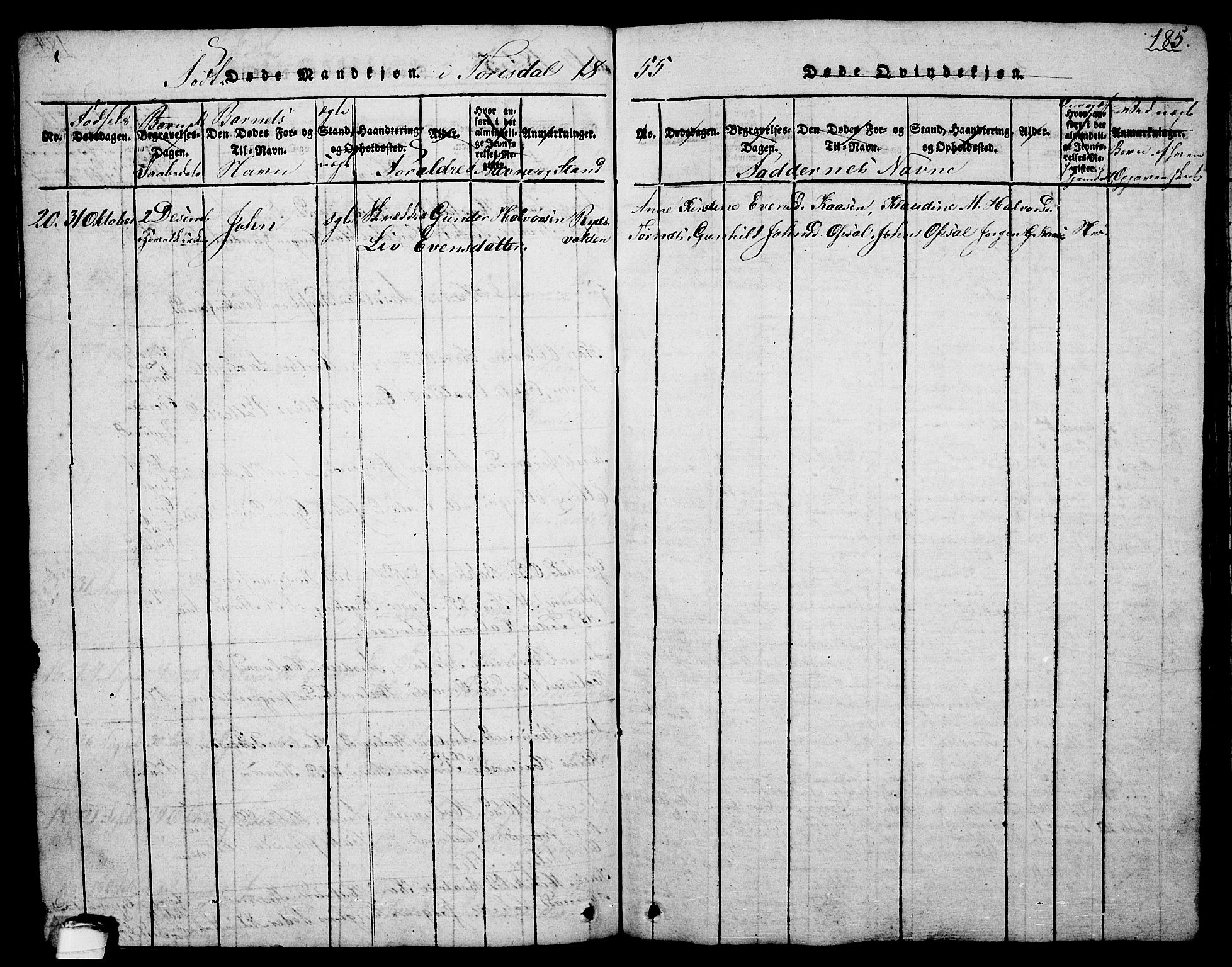 Drangedal kirkebøker, SAKO/A-258/G/Ga/L0001: Parish register (copy) no. I 1 /2, 1814-1856, p. 185