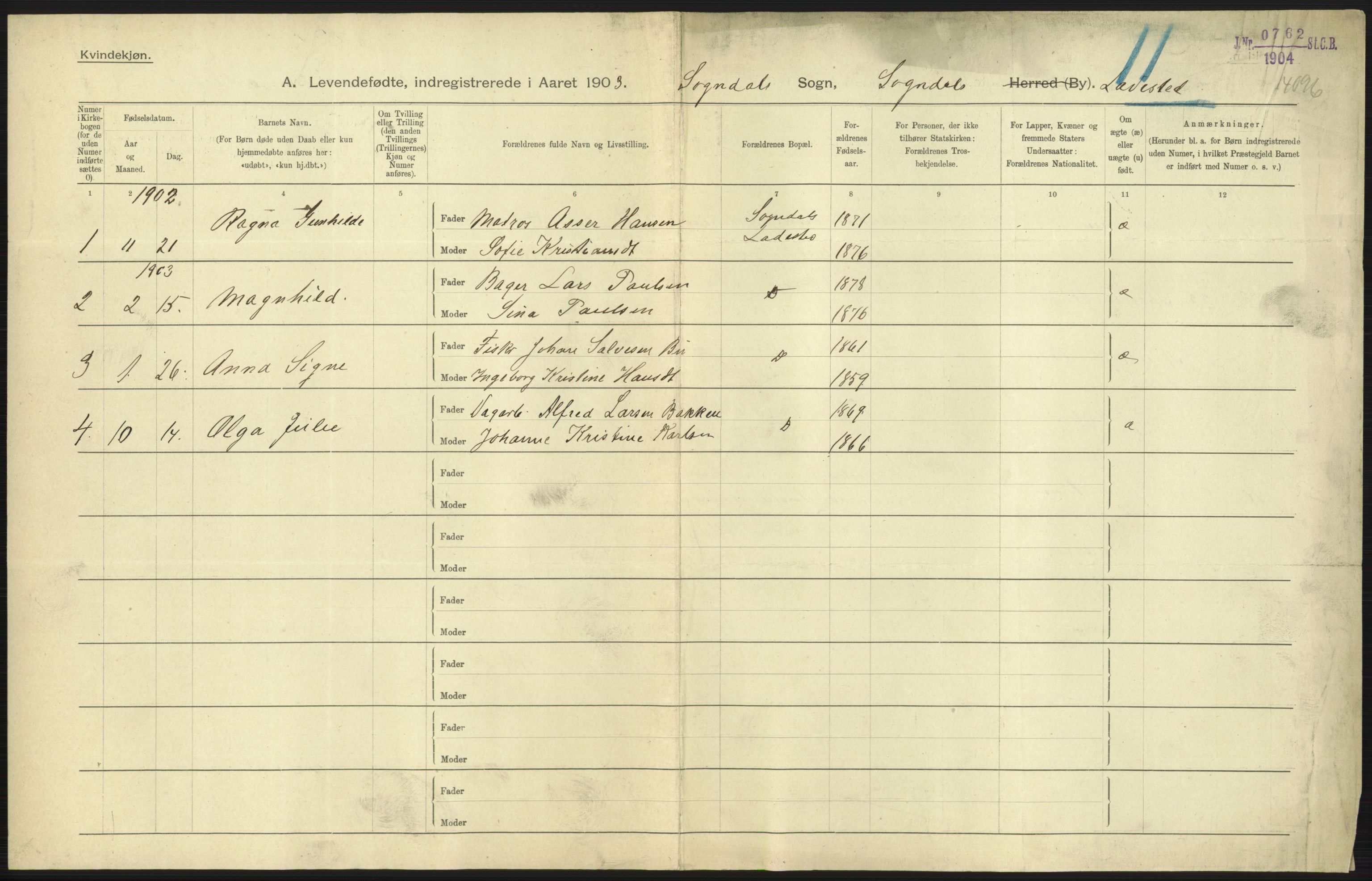 Statistisk sentralbyrå, Sosiodemografiske emner, Befolkning, AV/RA-S-2228/D/Df/Dfa/Dfaa/L0012: Stavanger amt: Fødte, gifte, døde, 1903, p. 297