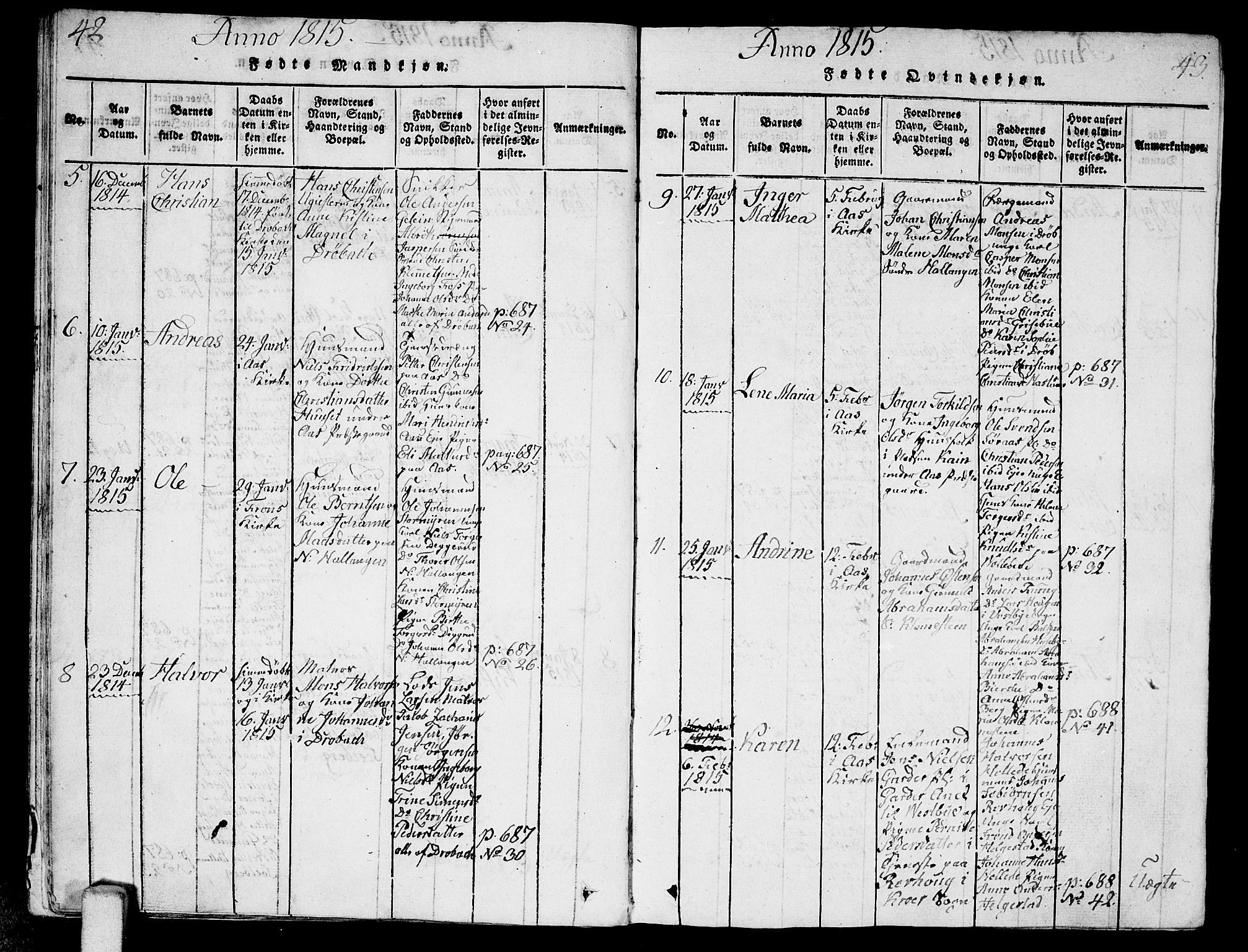 Ås prestekontor Kirkebøker, AV/SAO-A-10894/G/Ga/L0001: Parish register (copy) no. I 1, 1814-1820, p. 42-43