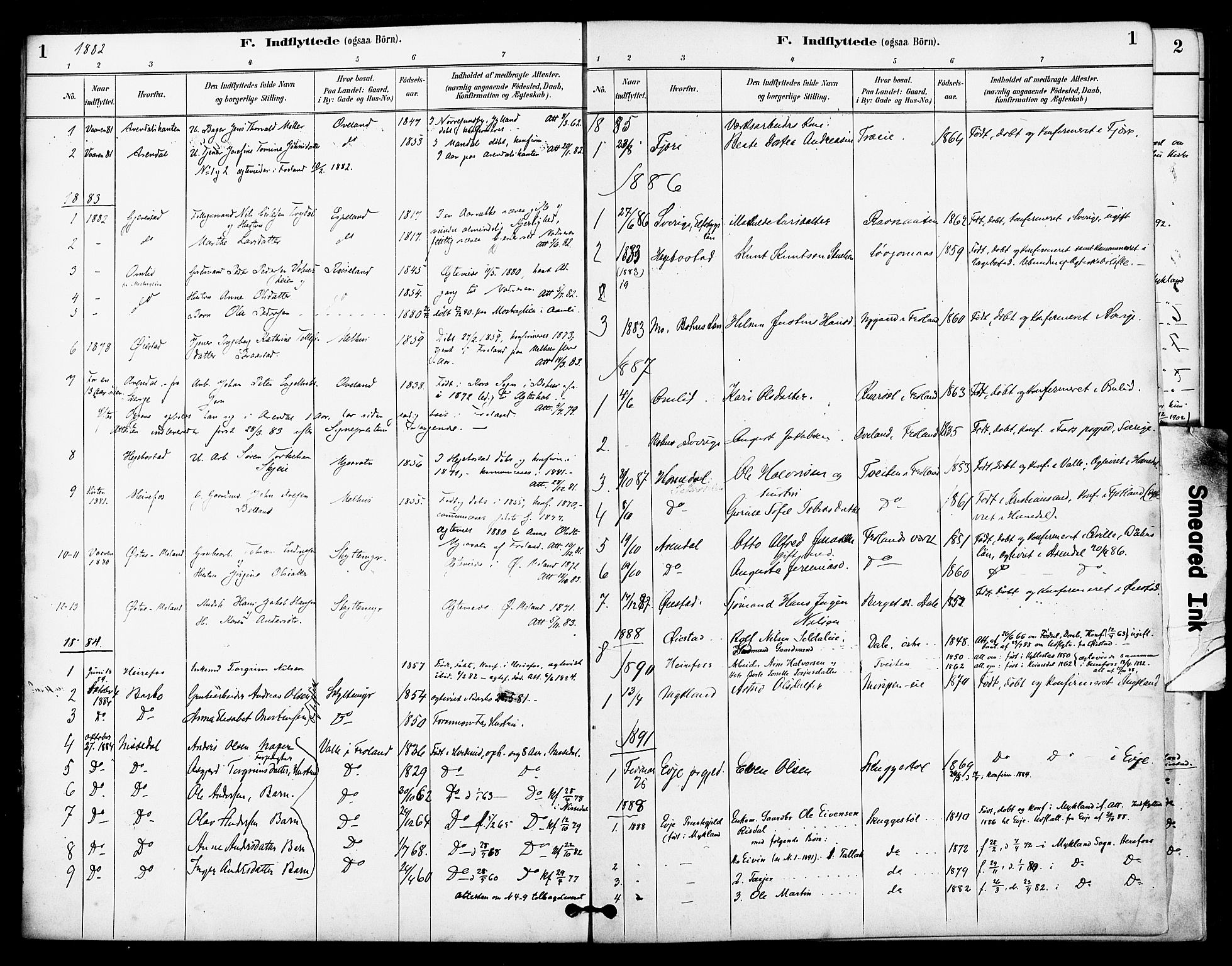 Froland sokneprestkontor, AV/SAK-1111-0013/F/Fa/L0004: Parish register (official) no. A 4, 1882-1906, p. 1