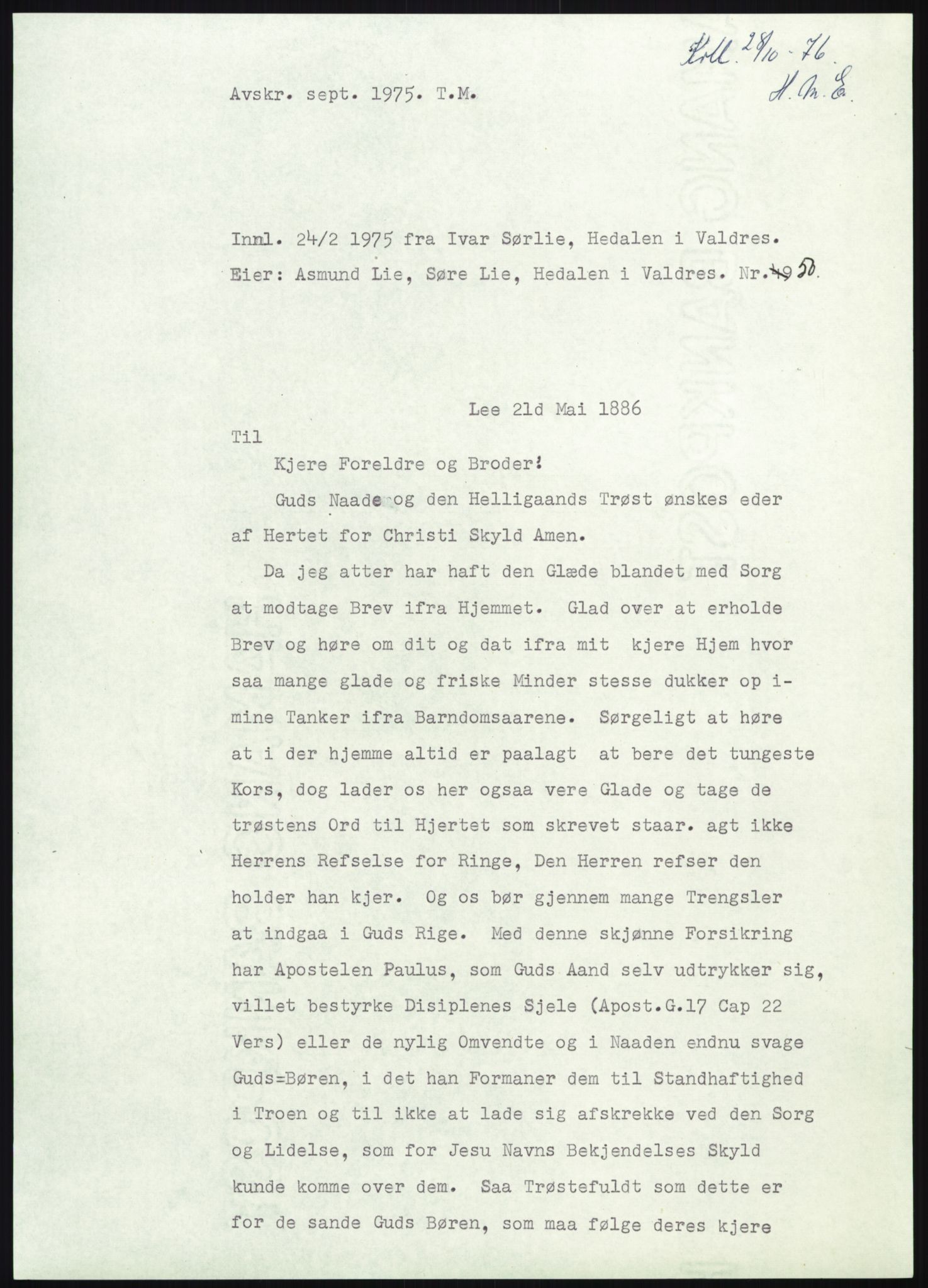 Samlinger til kildeutgivelse, Amerikabrevene, AV/RA-EA-4057/F/L0012: Innlån fra Oppland: Lie (brevnr 1-78), 1838-1914, p. 703