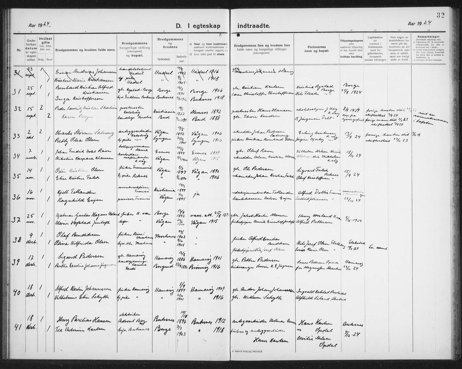 Ministerialprotokoller, klokkerbøker og fødselsregistre - Nordland, AV/SAT-A-1459/874/L1082: Parish register (copy) no. 874C11, 1920-1939, p. 32