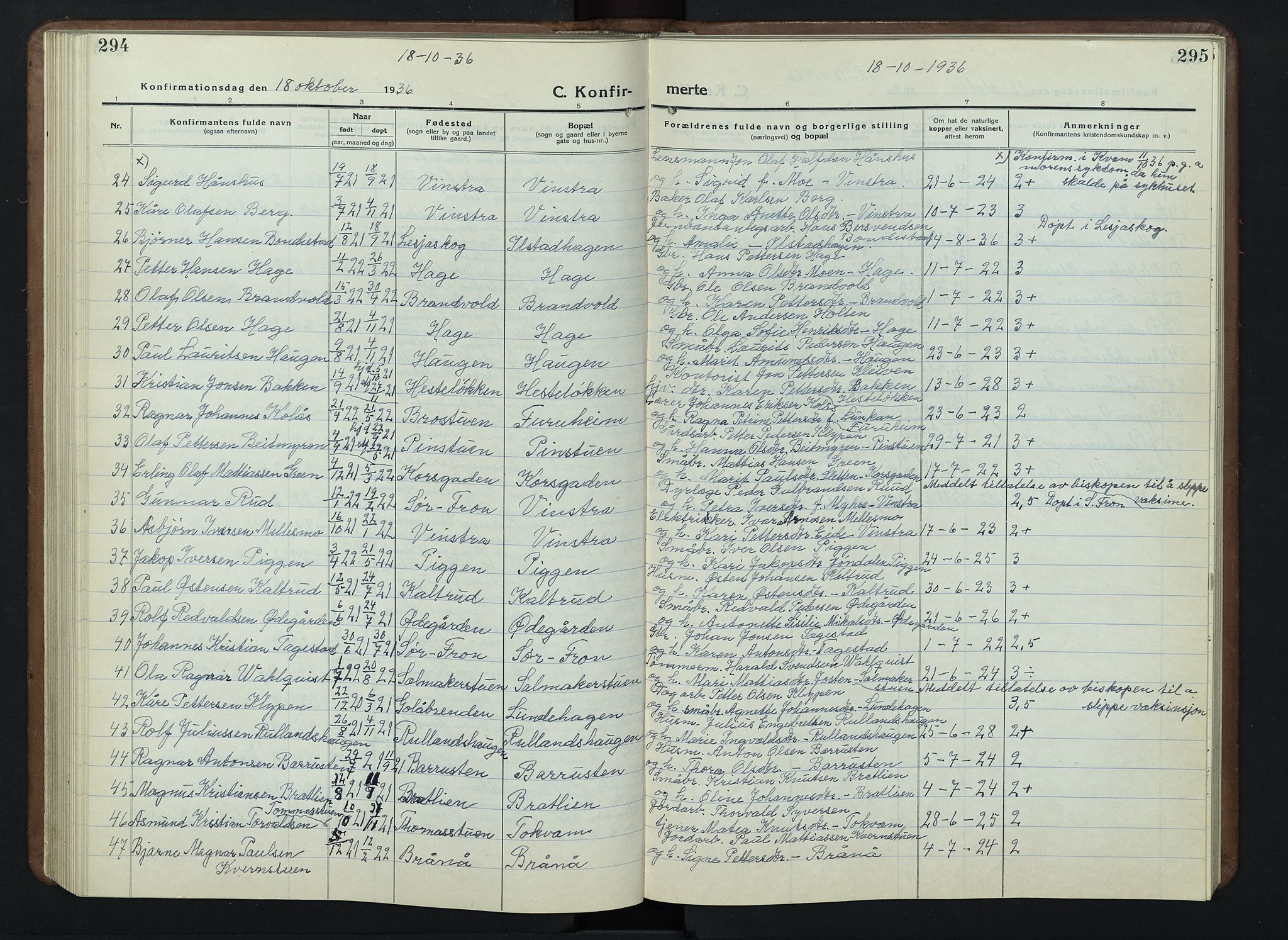 Nord-Fron prestekontor, SAH/PREST-080/H/Ha/Hab/L0007: Parish register (copy) no. 7, 1915-1946, p. 294-295