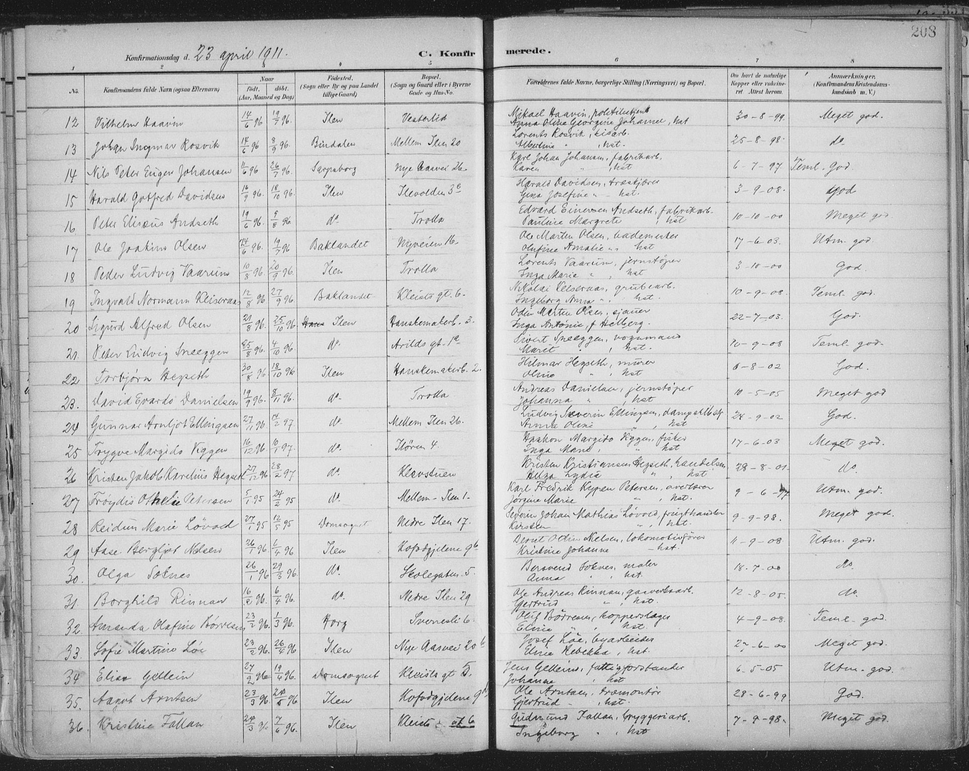 Ministerialprotokoller, klokkerbøker og fødselsregistre - Sør-Trøndelag, SAT/A-1456/603/L0167: Parish register (official) no. 603A06, 1896-1932, p. 208