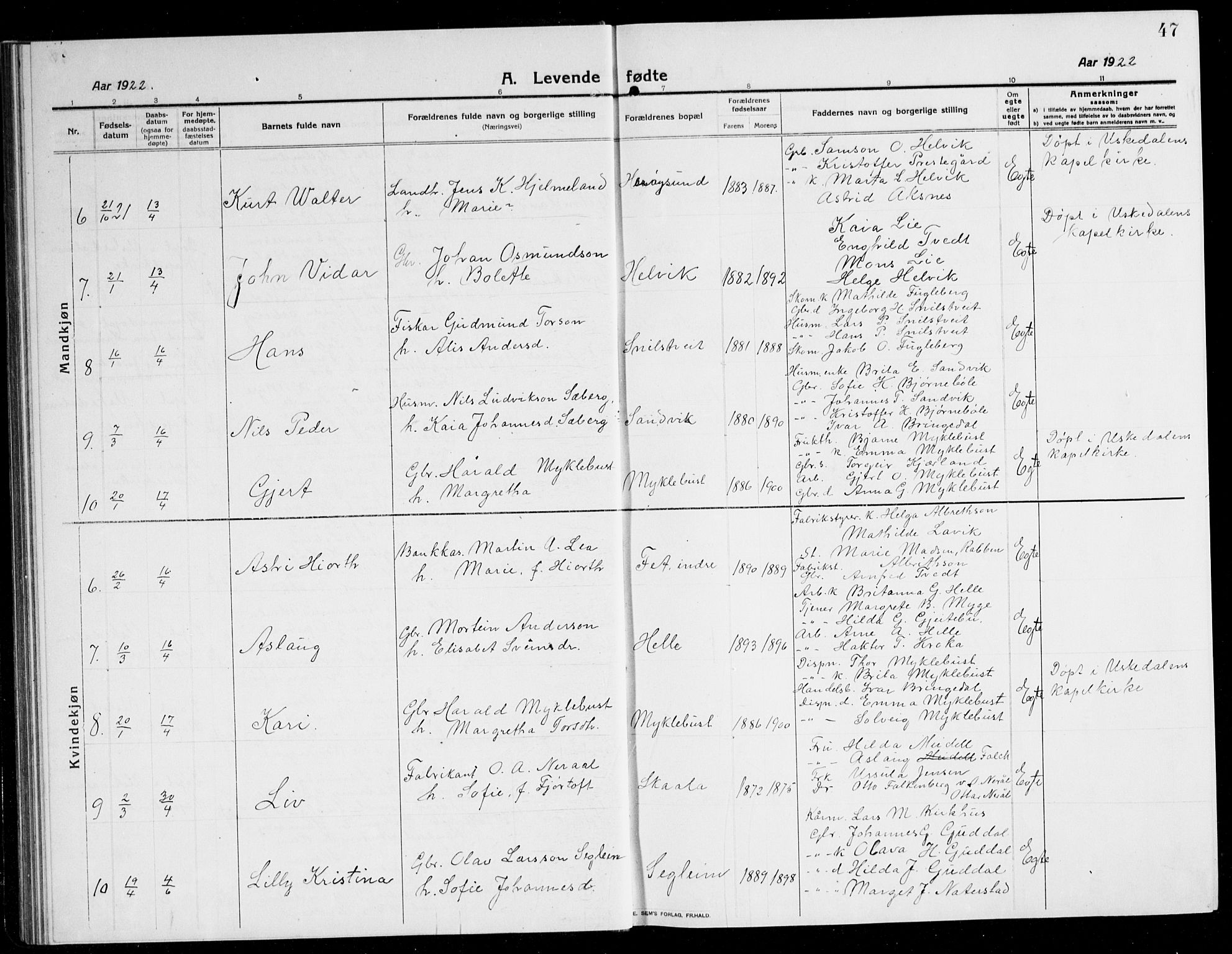 Kvinnherad sokneprestembete, AV/SAB-A-76401/H/Hab: Parish register (copy) no. A 3, 1911-1945, p. 47
