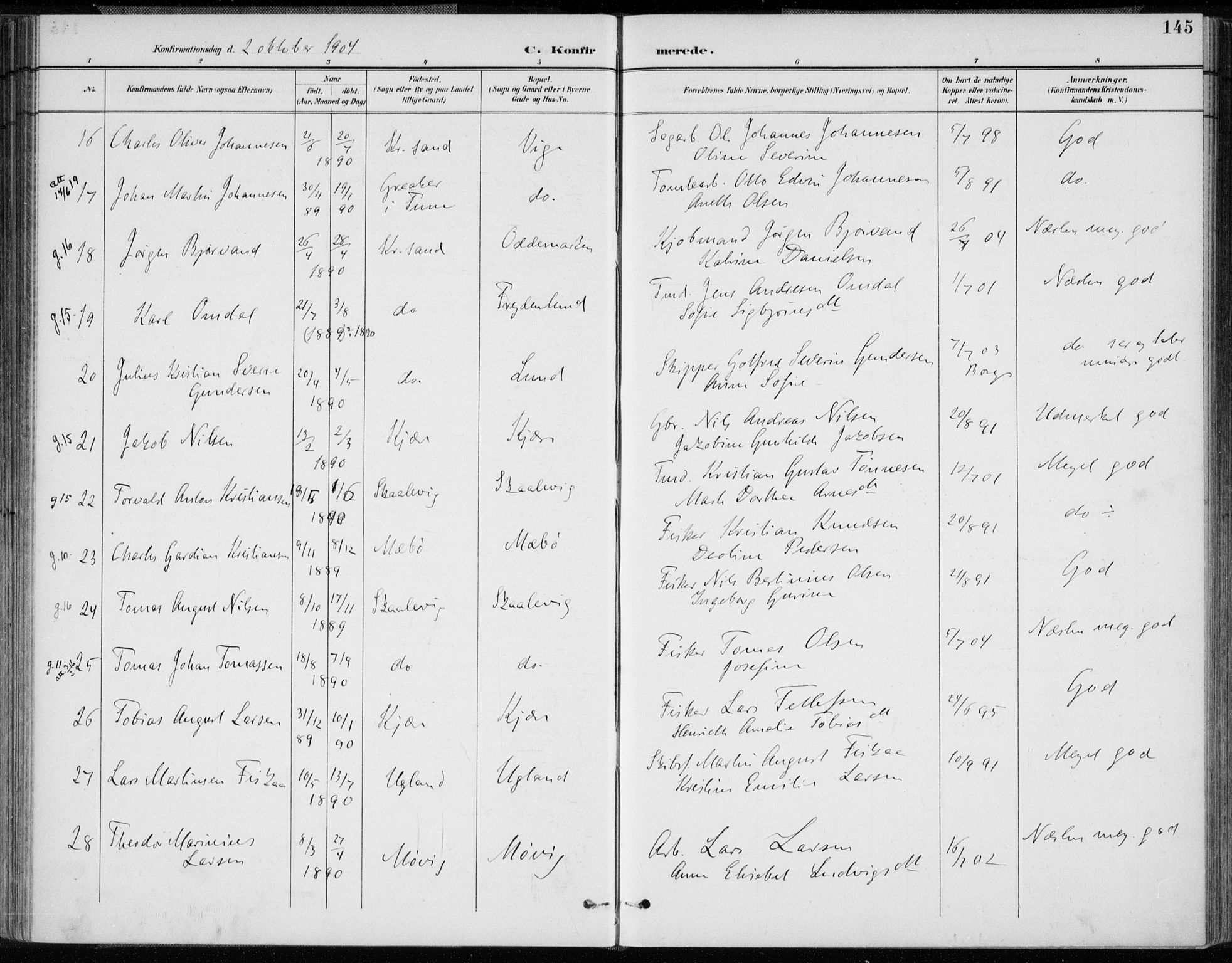 Oddernes sokneprestkontor, AV/SAK-1111-0033/F/Fa/Faa/L0010: Parish register (official) no. A 10, 1897-1911, p. 145