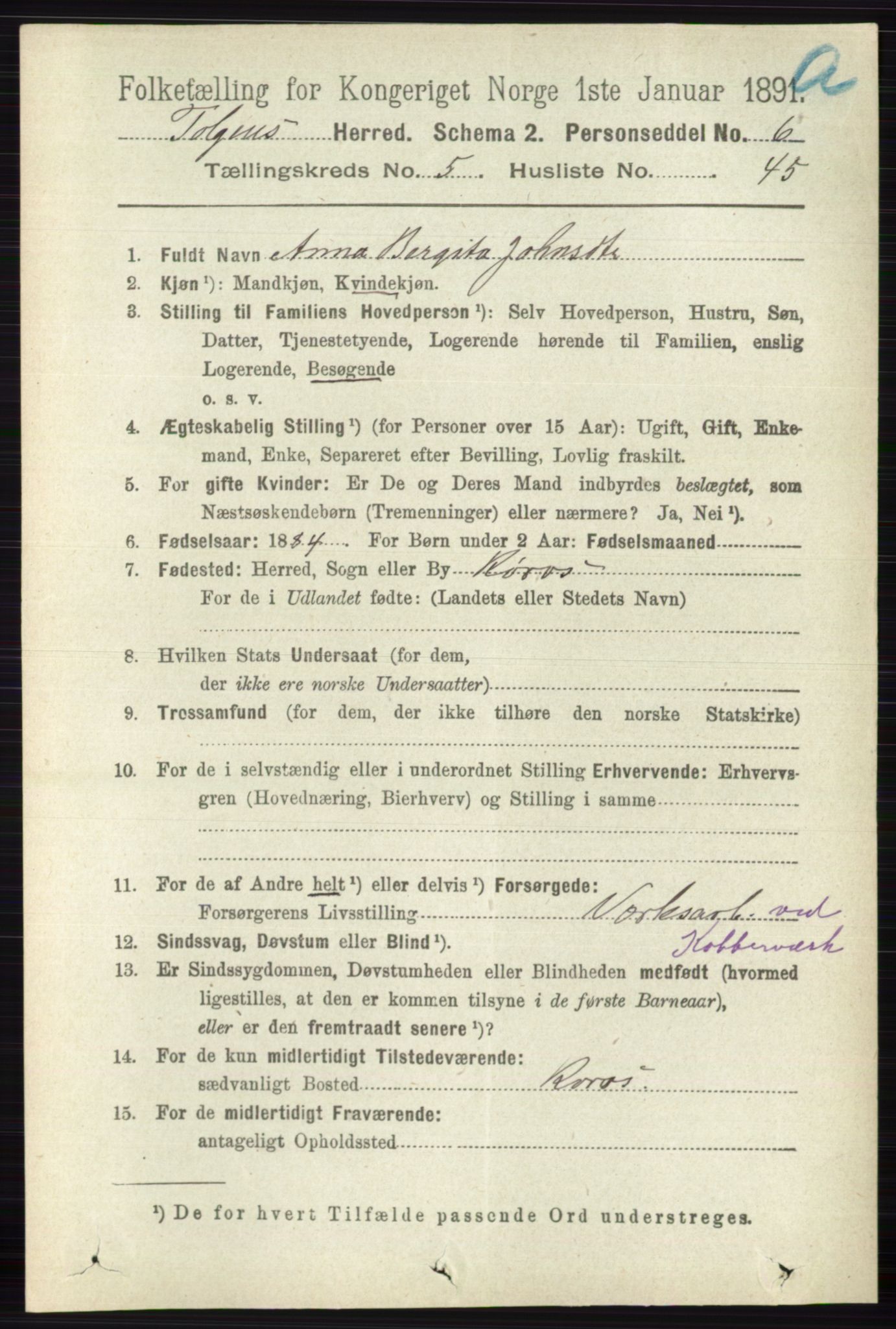 RA, 1891 census for 0436 Tolga, 1891, p. 1574