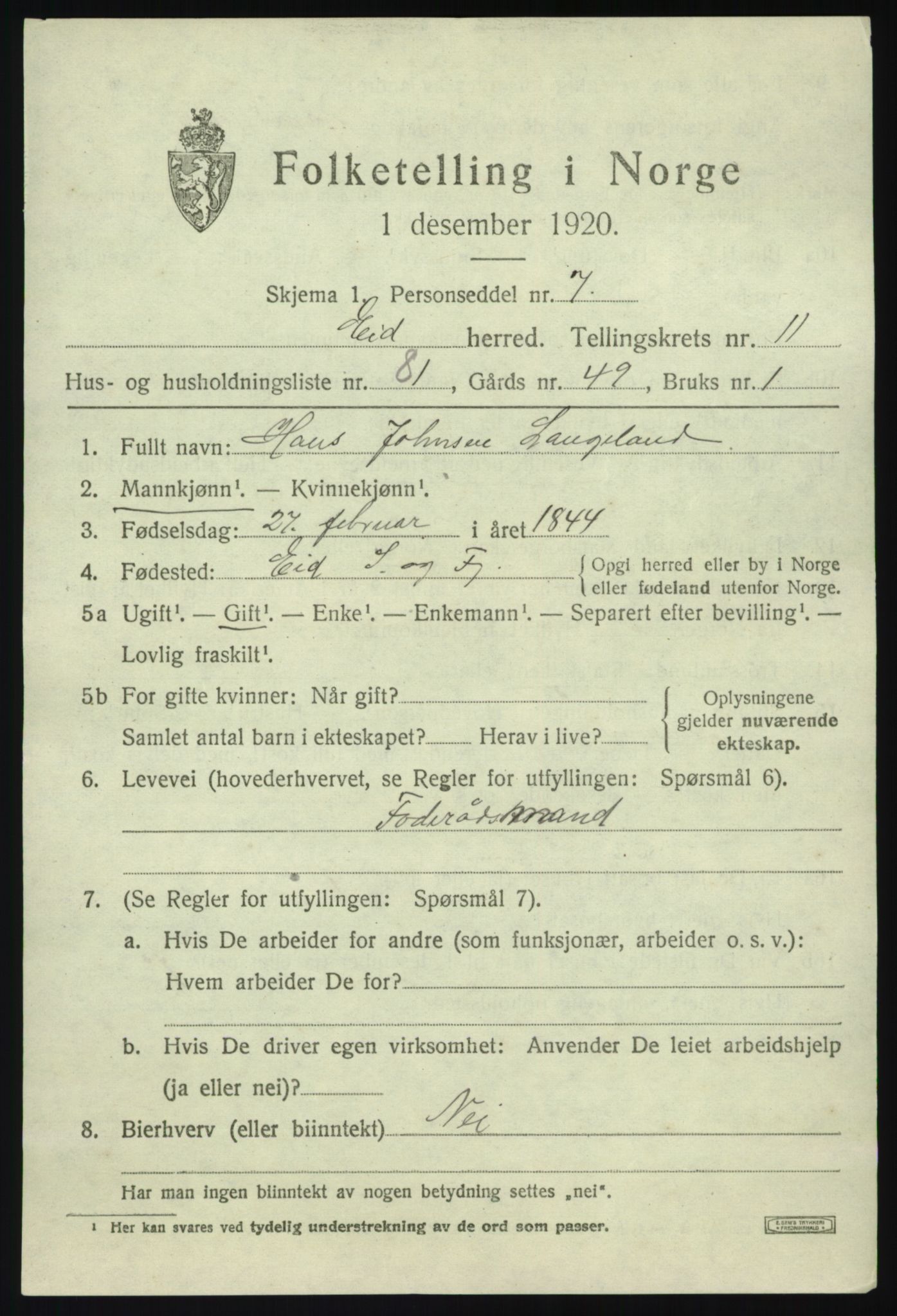 SAB, 1920 census for Eid, 1920, p. 7030