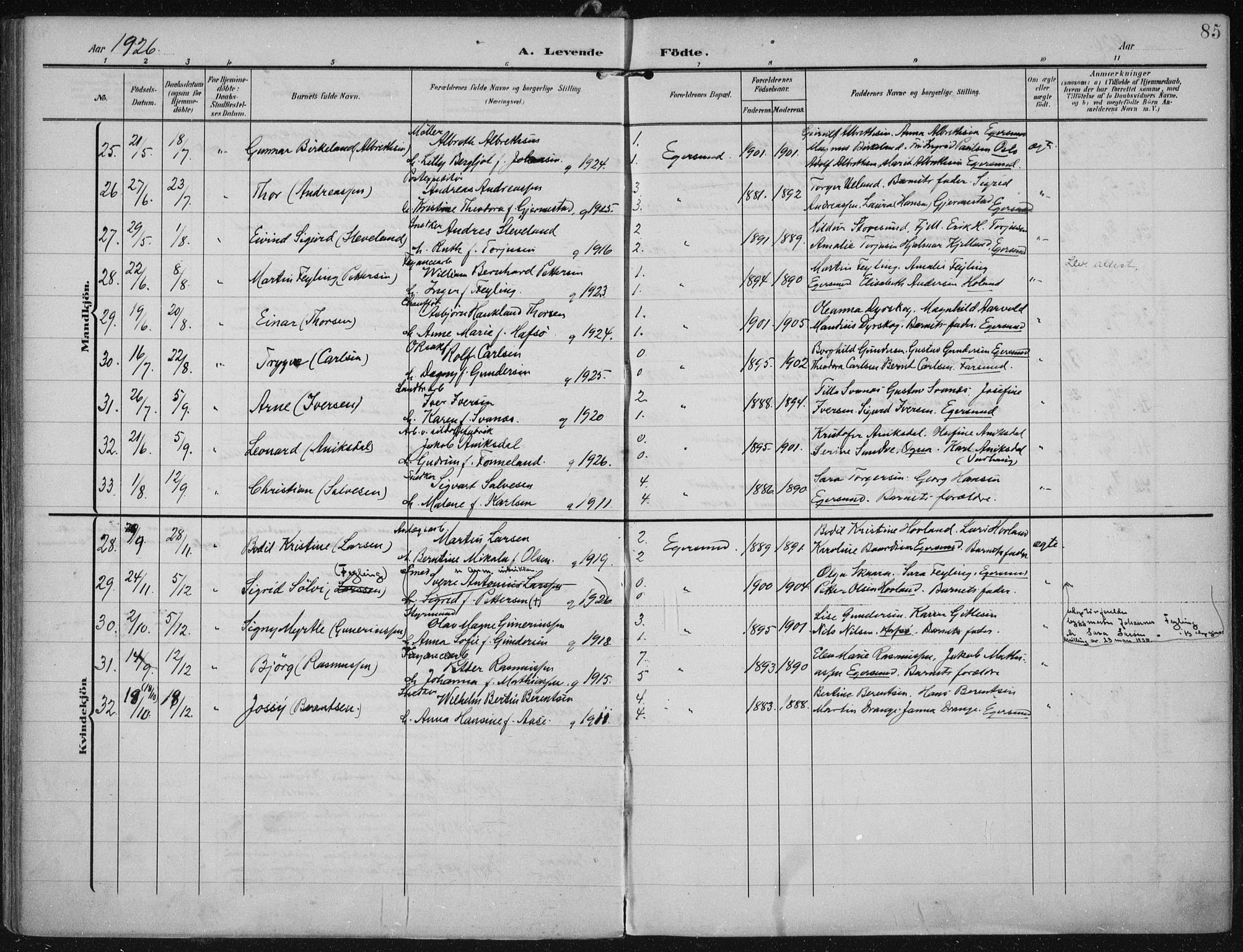 Eigersund sokneprestkontor, AV/SAST-A-101807/S08/L0022: Parish register (official) no. A 21, 1905-1928, p. 85