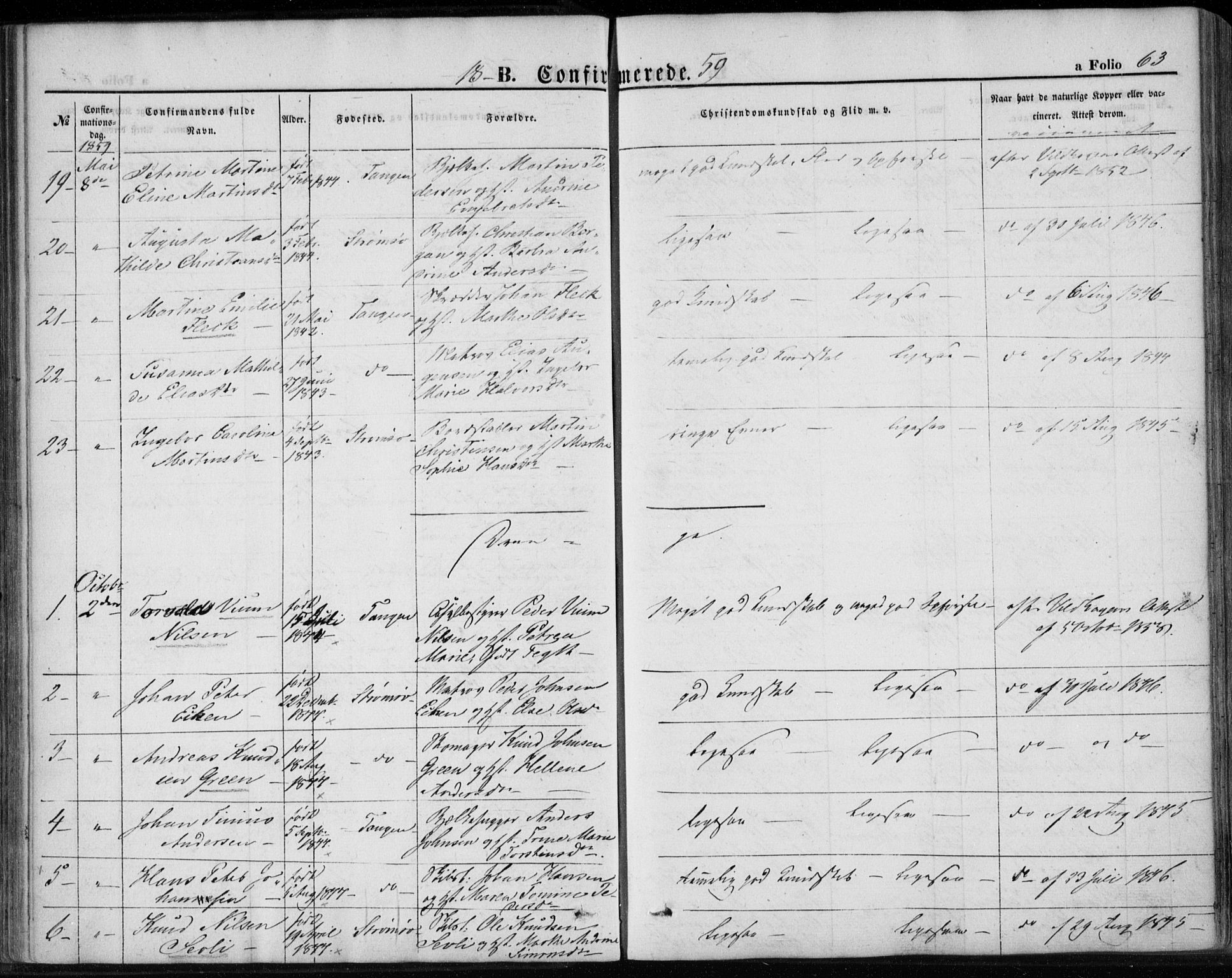 Strømsø kirkebøker, AV/SAKO-A-246/F/Fa/L0017: Parish register (official) no. I 17, 1848-1865, p. 63