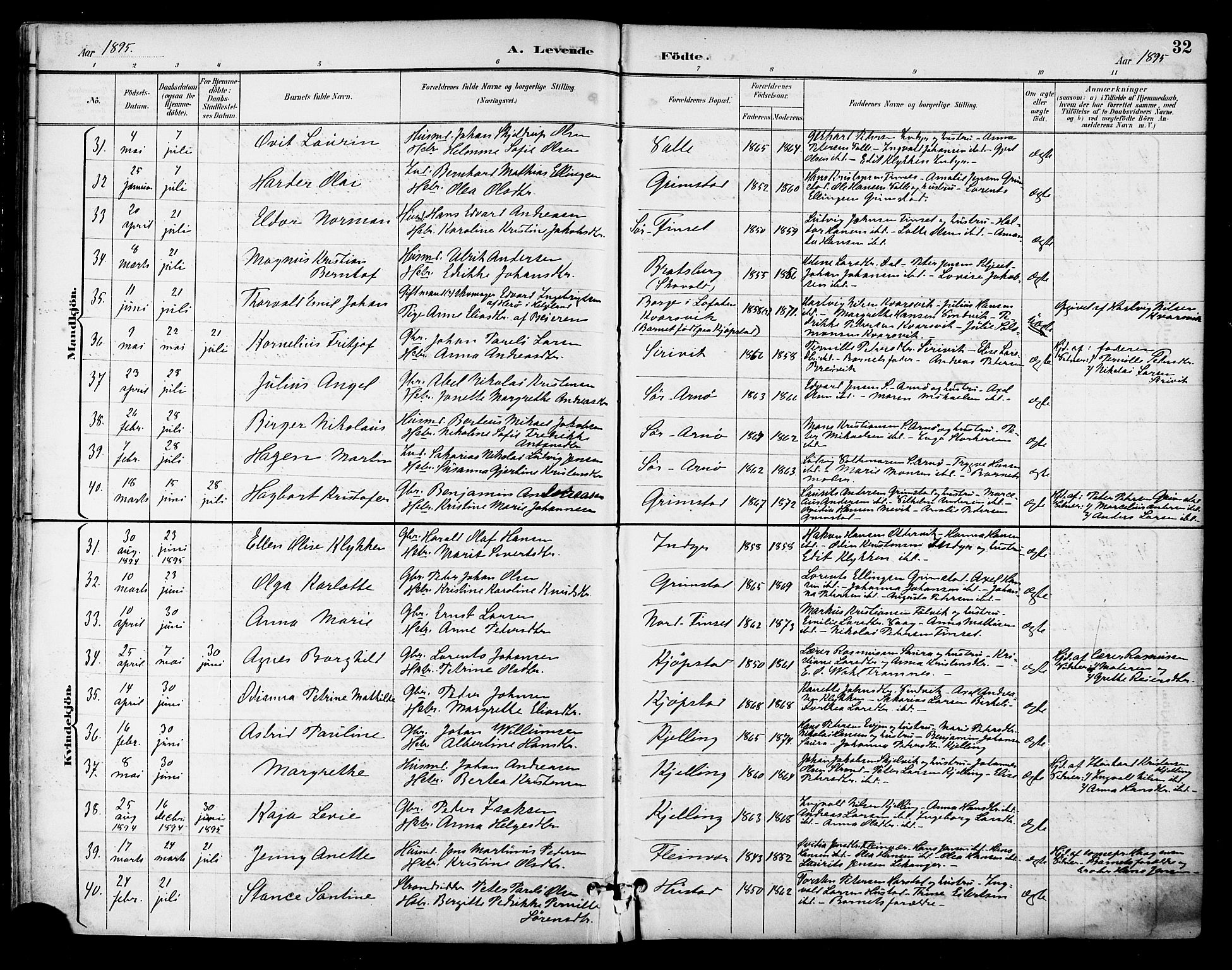 Ministerialprotokoller, klokkerbøker og fødselsregistre - Nordland, SAT/A-1459/805/L0101: Parish register (official) no. 805A07, 1892-1899, p. 32