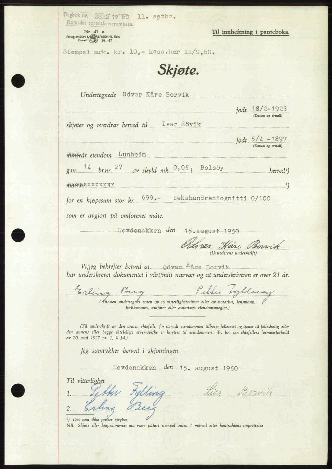 Romsdal sorenskriveri, AV/SAT-A-4149/1/2/2C: Mortgage book no. A34, 1950-1950, Diary no: : 2812/1950