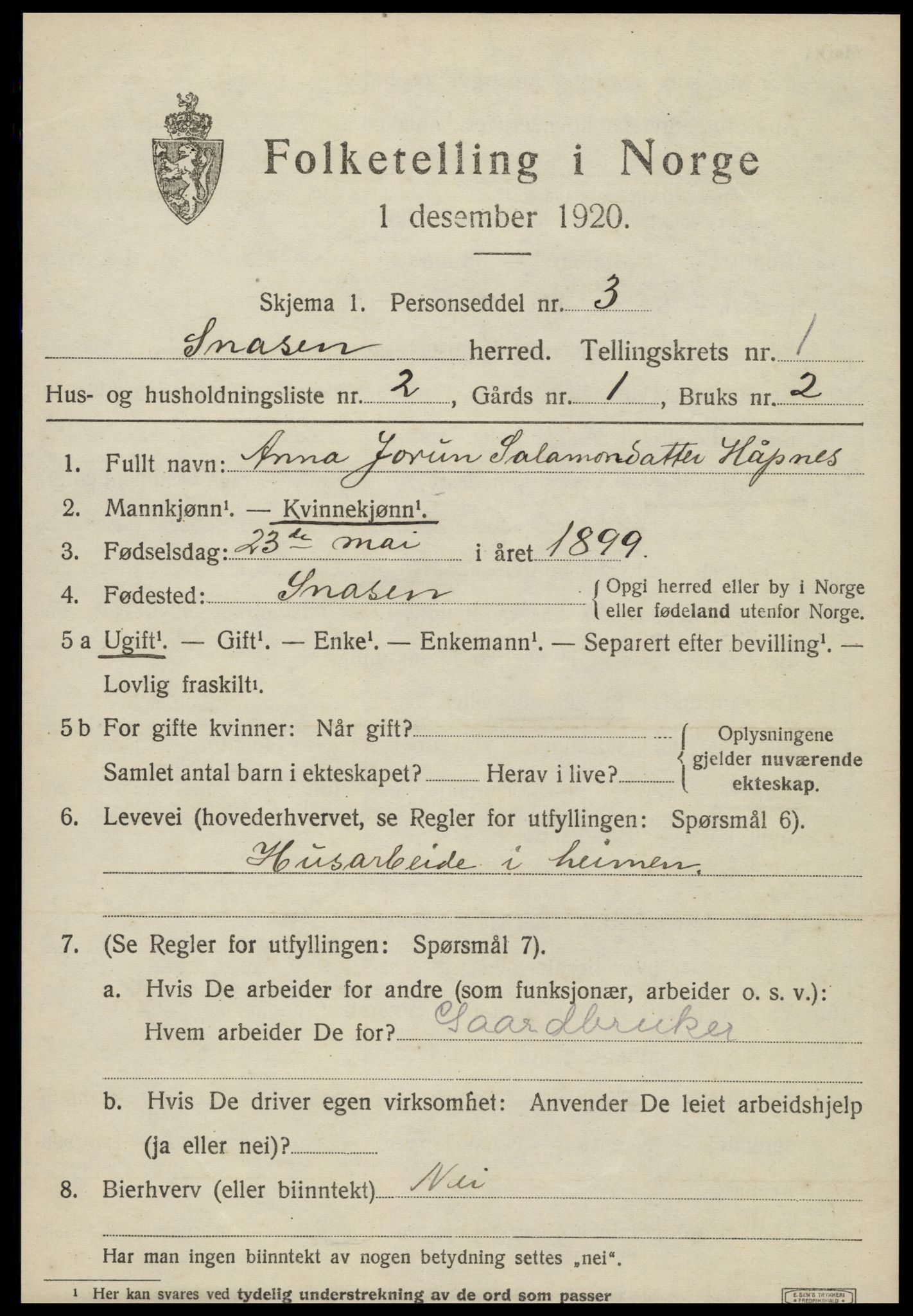 SAT, 1920 census for Snåsa, 1920, p. 1062