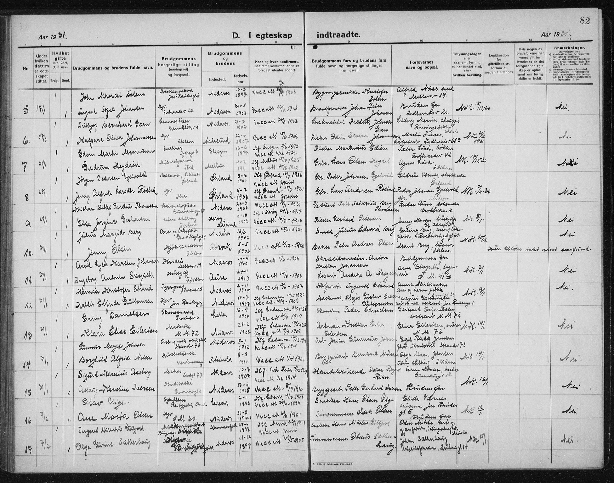 Ministerialprotokoller, klokkerbøker og fødselsregistre - Sør-Trøndelag, SAT/A-1456/605/L0260: Parish register (copy) no. 605C07, 1922-1942, p. 82