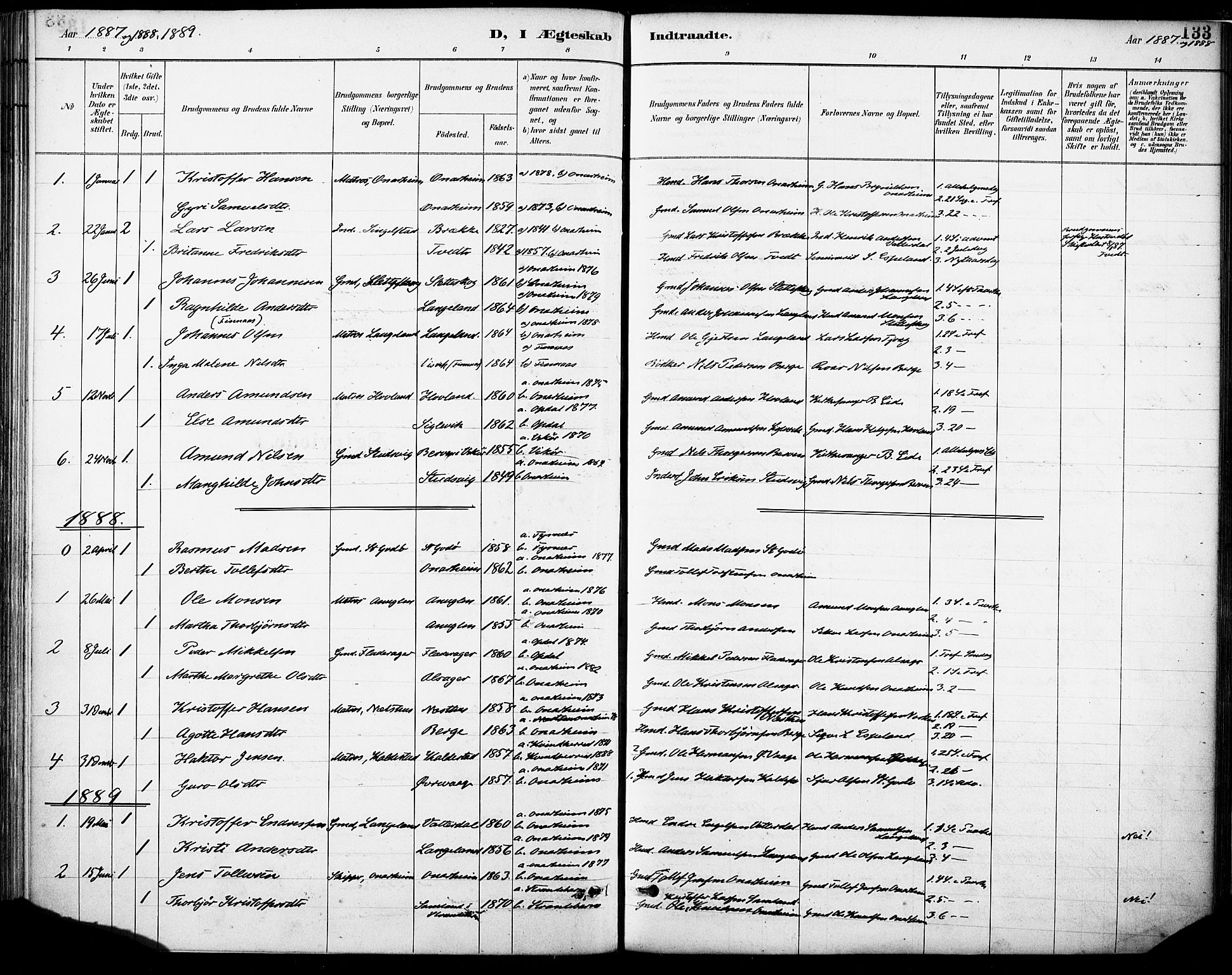 Tysnes sokneprestembete, SAB/A-78601/H/Haa: Parish register (official) no. C 1, 1887-1912, p. 133