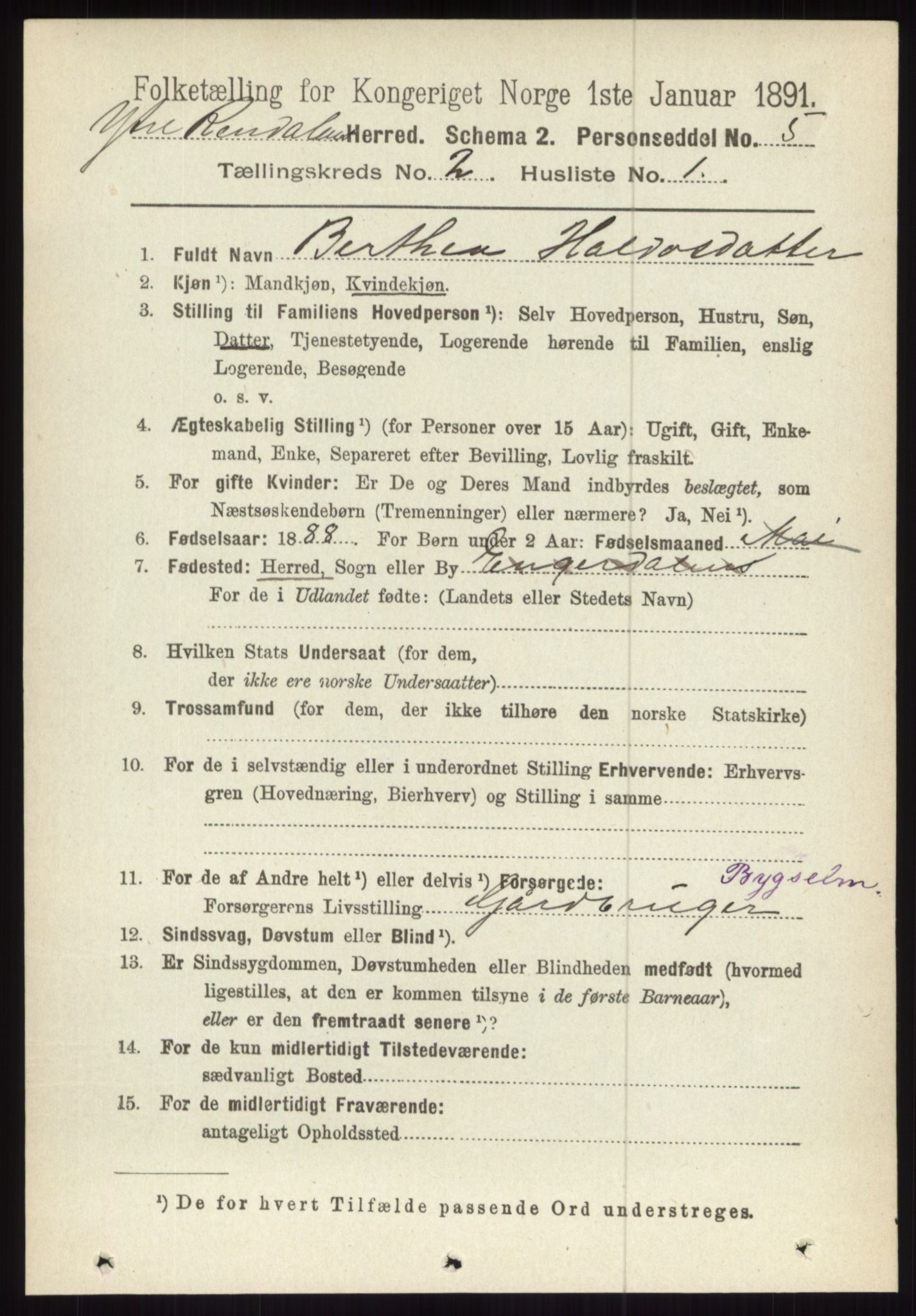 RA, 1891 census for 0432 Ytre Rendal, 1891, p. 297