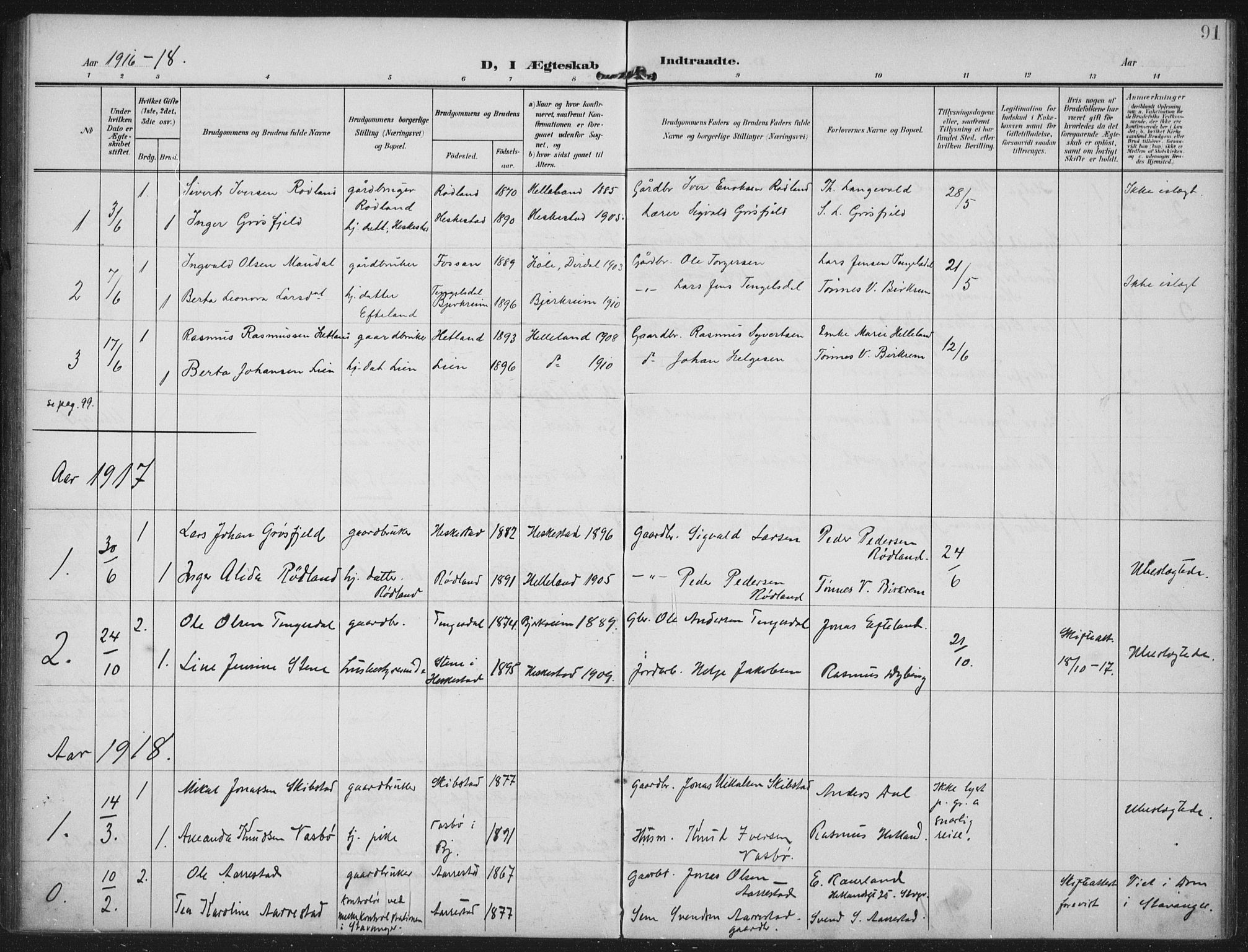 Helleland sokneprestkontor, AV/SAST-A-101810: Parish register (official) no. A 12, 1906-1923, p. 91