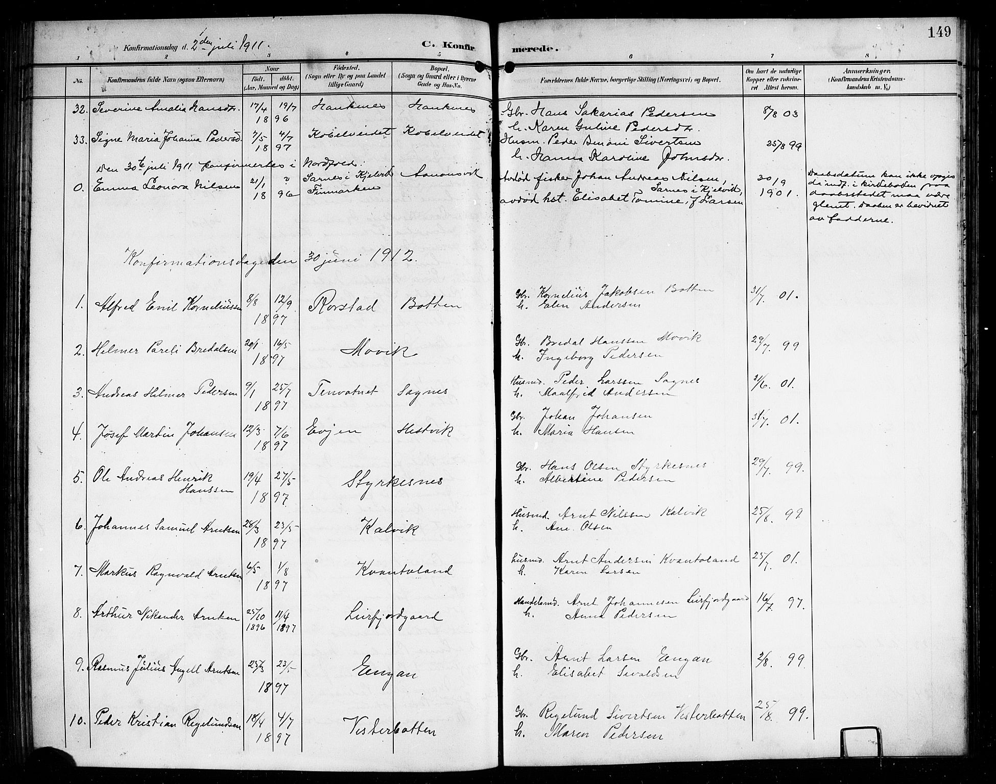 Ministerialprotokoller, klokkerbøker og fødselsregistre - Nordland, AV/SAT-A-1459/854/L0786: Parish register (copy) no. 854C02, 1901-1912, p. 149