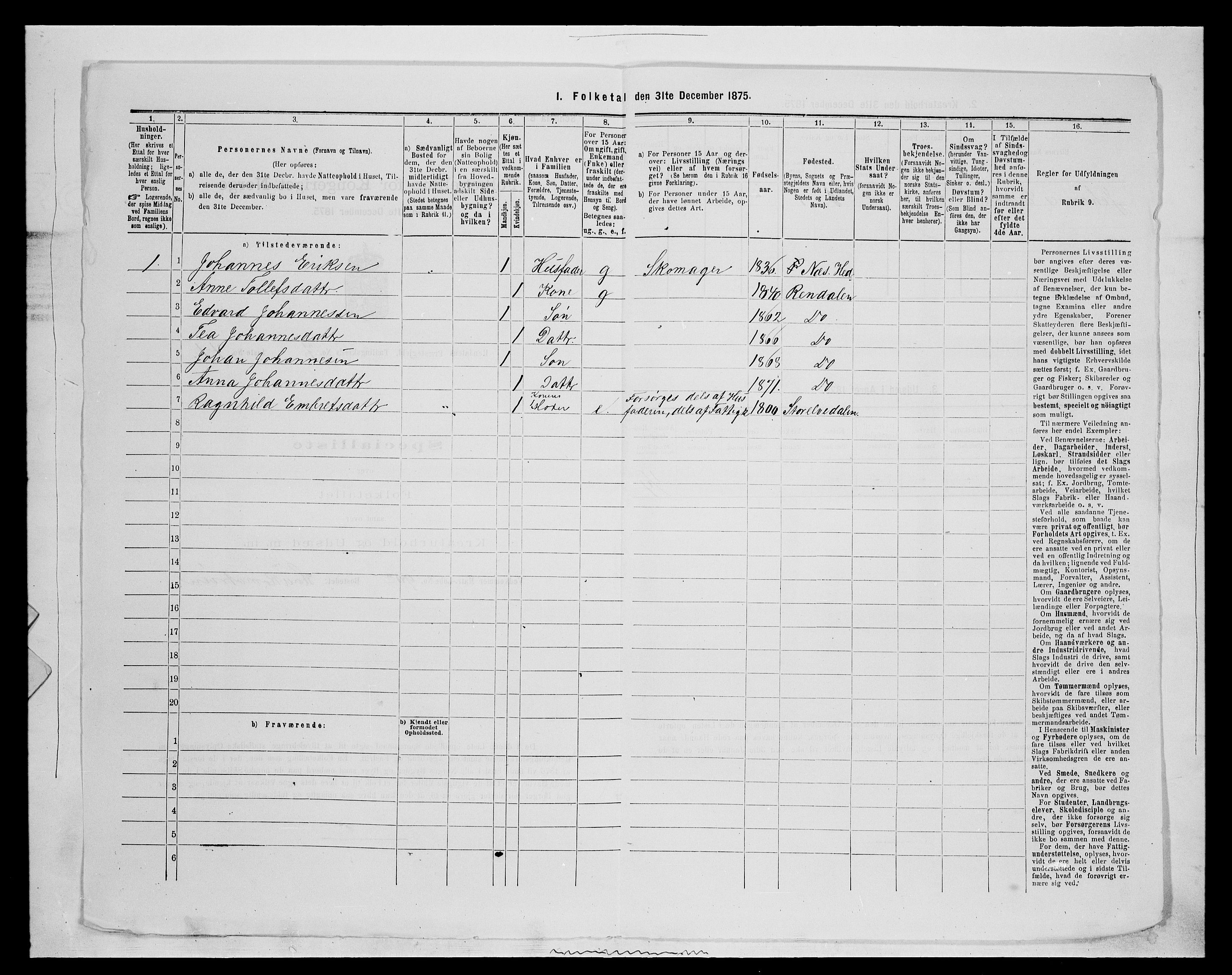 SAH, 1875 census for 0432P Rendalen, 1875, p. 698