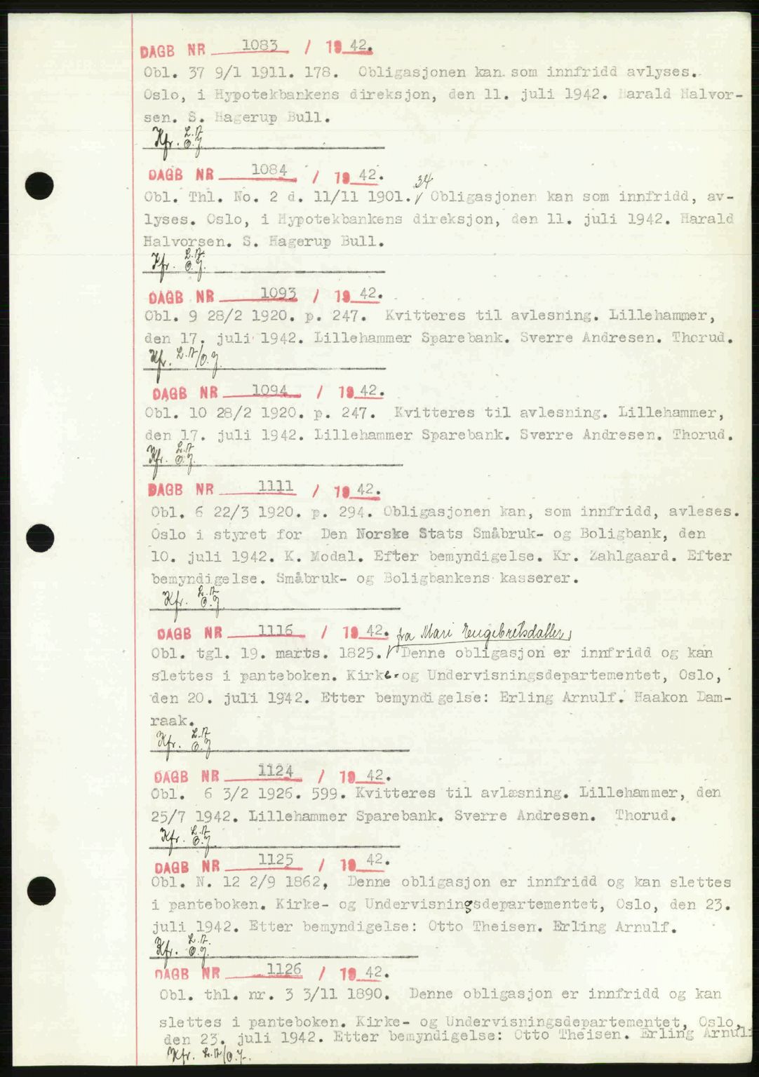 Sør-Gudbrandsdal tingrett, SAH/TING-004/H/Hb/Hbf/L0002: Mortgage book no. C1, 1938-1951, Diary no: : 1083/1942