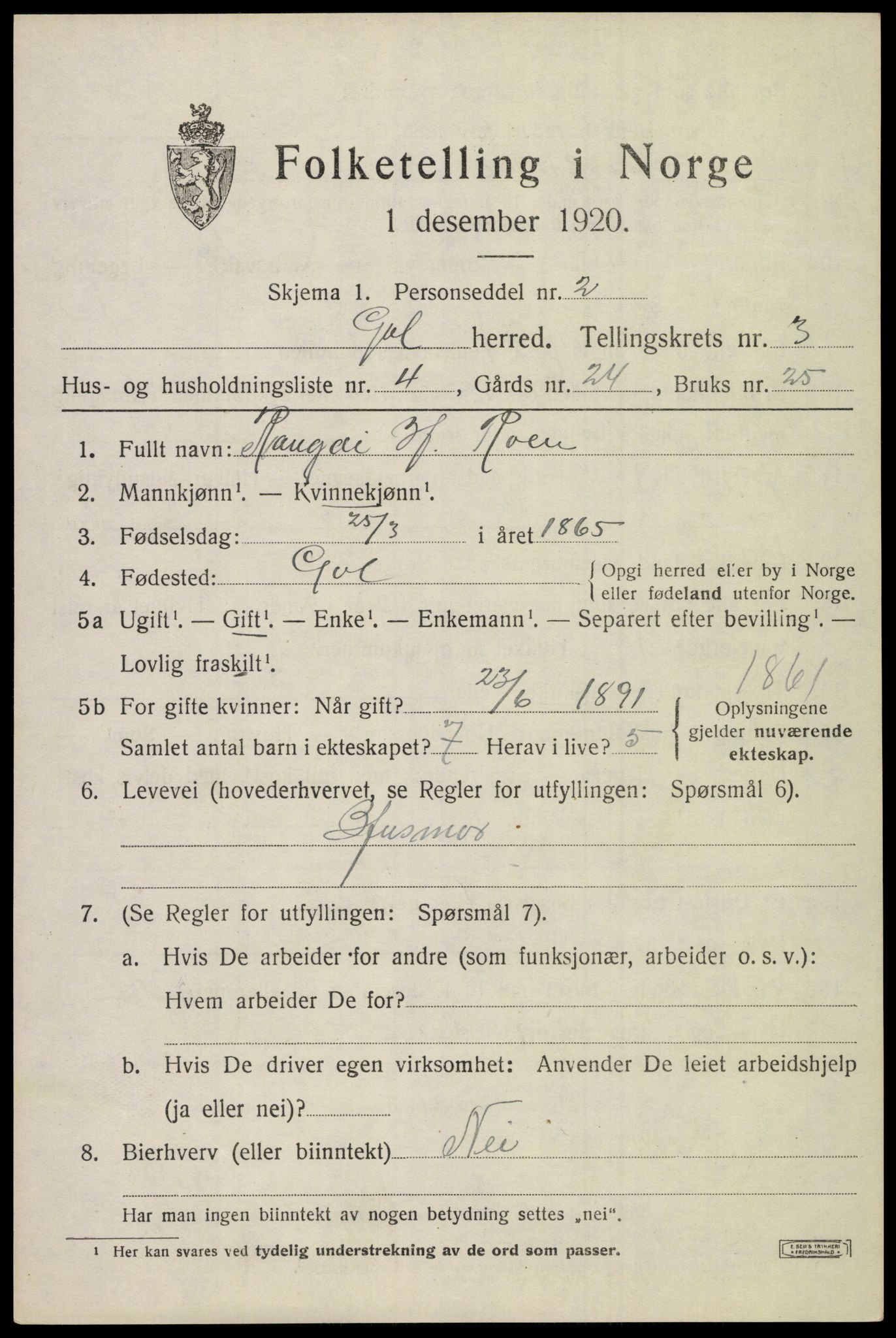 SAKO, 1920 census for Gol, 1920, p. 2224