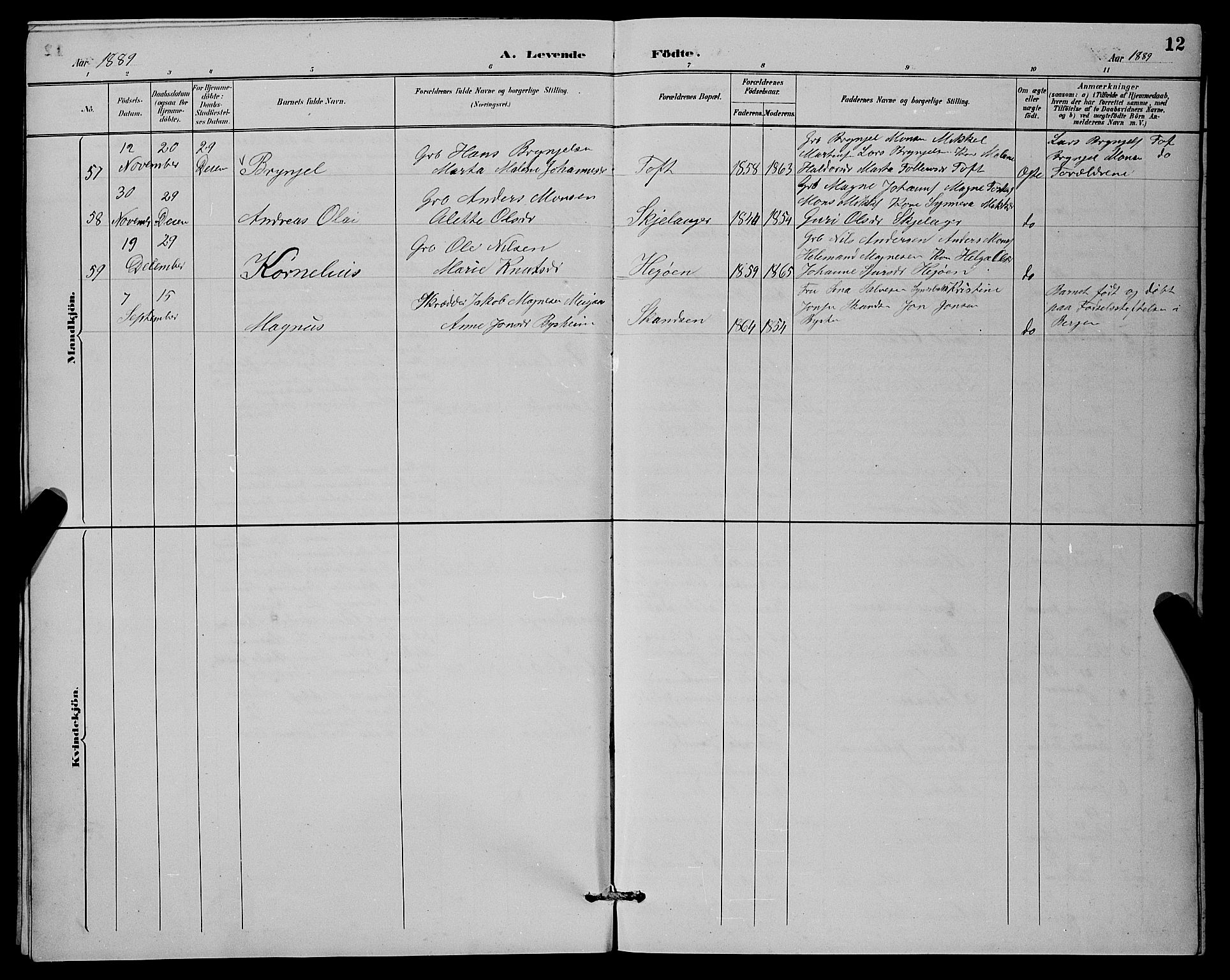 Herdla Sokneprestembete, SAB/A-75701/H/Hab: Parish register (copy) no. A 3, 1889-1899, p. 12