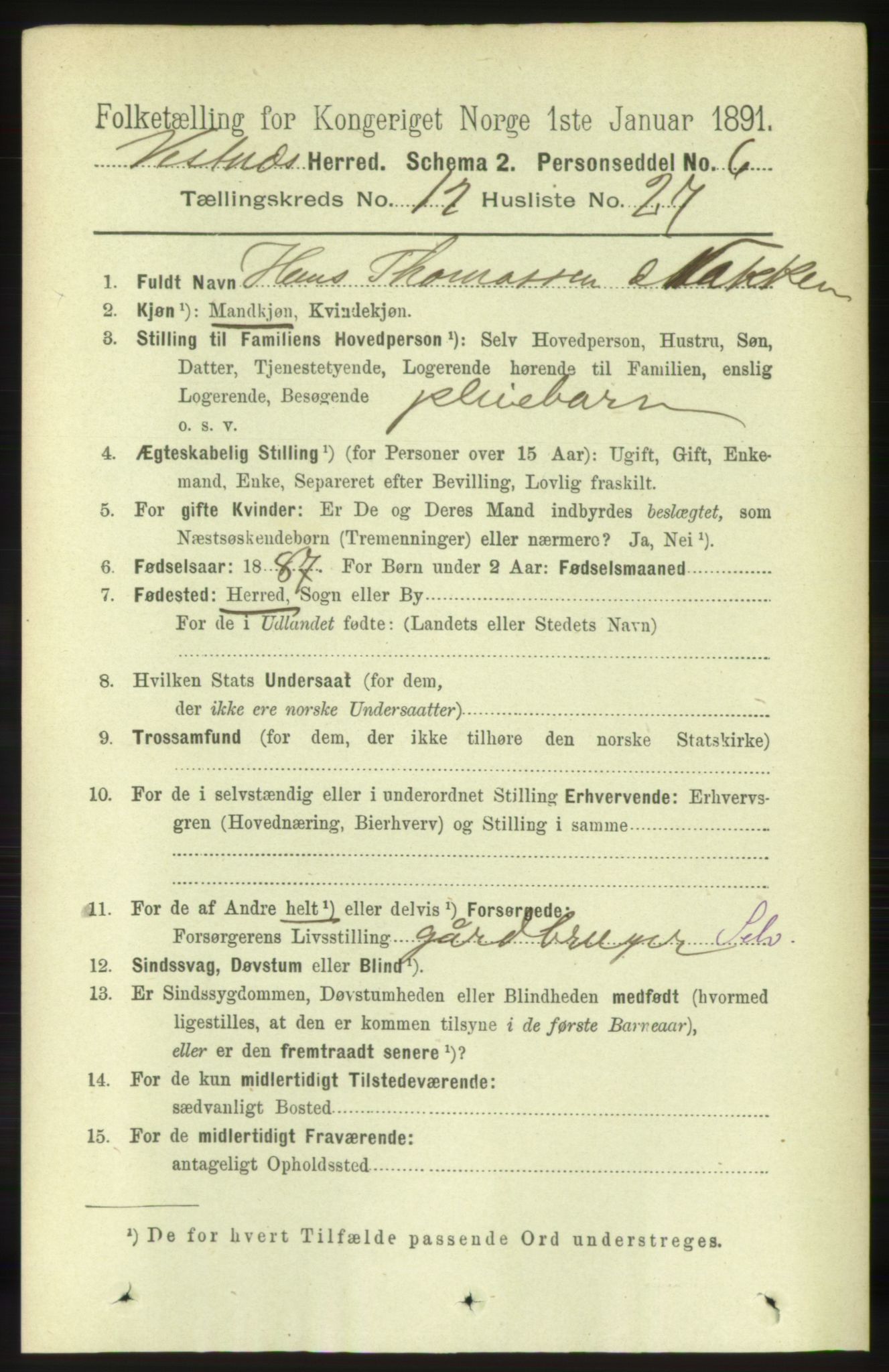 RA, 1891 census for 1535 Vestnes, 1891, p. 4573