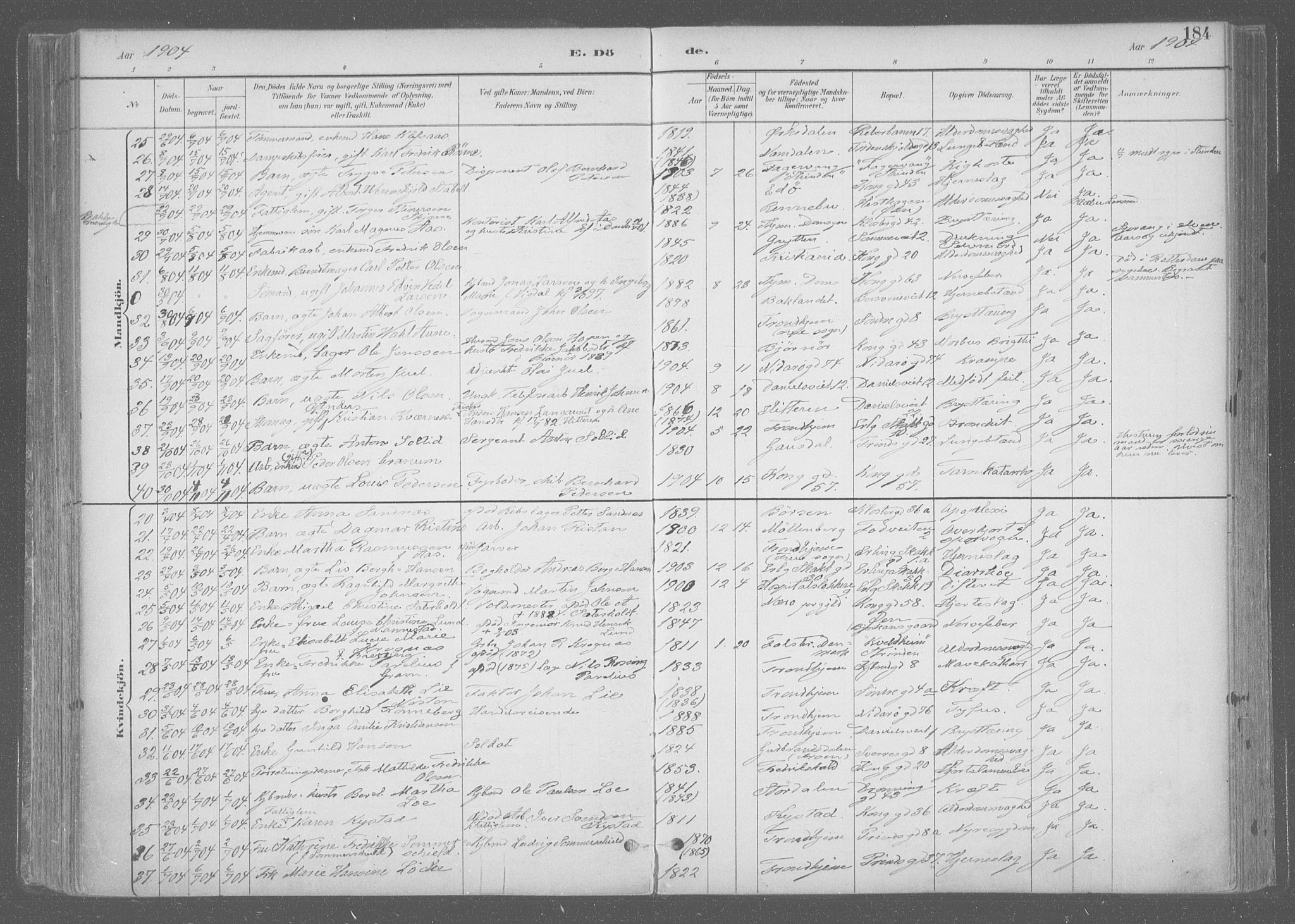Ministerialprotokoller, klokkerbøker og fødselsregistre - Sør-Trøndelag, SAT/A-1456/601/L0064: Parish register (official) no. 601A31, 1891-1911, p. 184