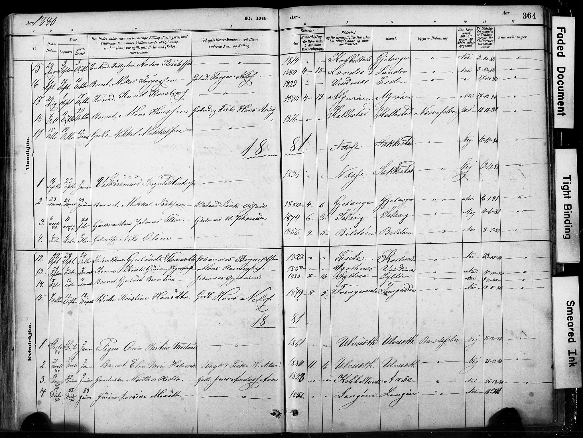 Fjell sokneprestembete, SAB/A-75301/H/Hab: Parish register (copy) no. A 4, 1880-1899, p. 364