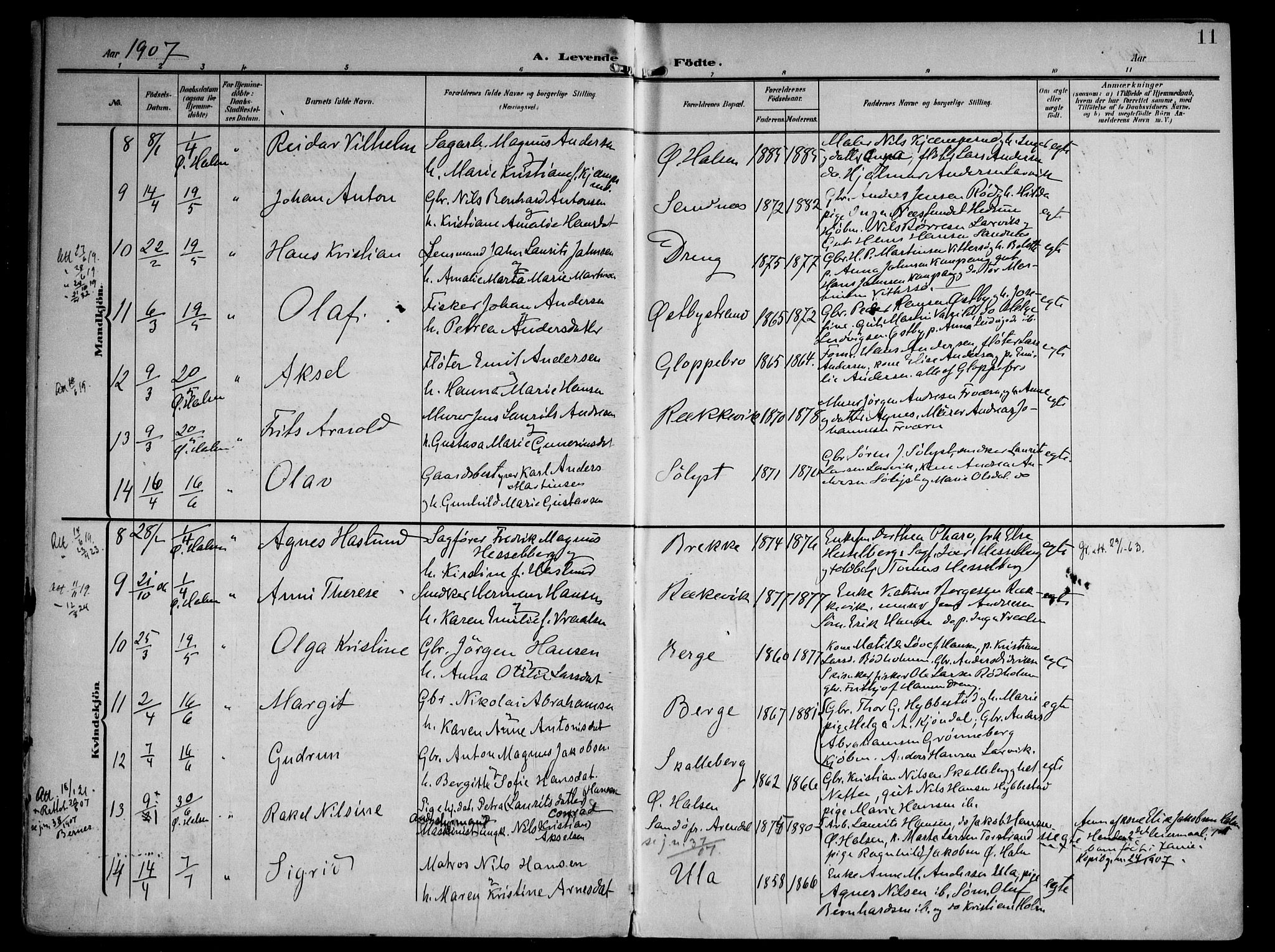 Tjølling kirkebøker, SAKO/A-60/F/Fa/L0010: Parish register (official) no. 10, 1906-1923, p. 11