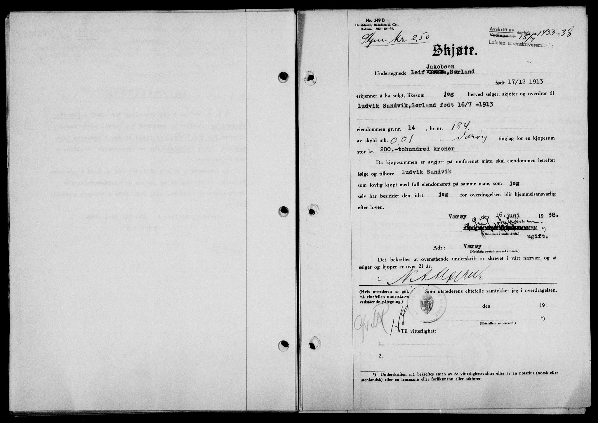Lofoten sorenskriveri, SAT/A-0017/1/2/2C/L0004a: Mortgage book no. 4a, 1938-1938, Diary no: : 1455/1938
