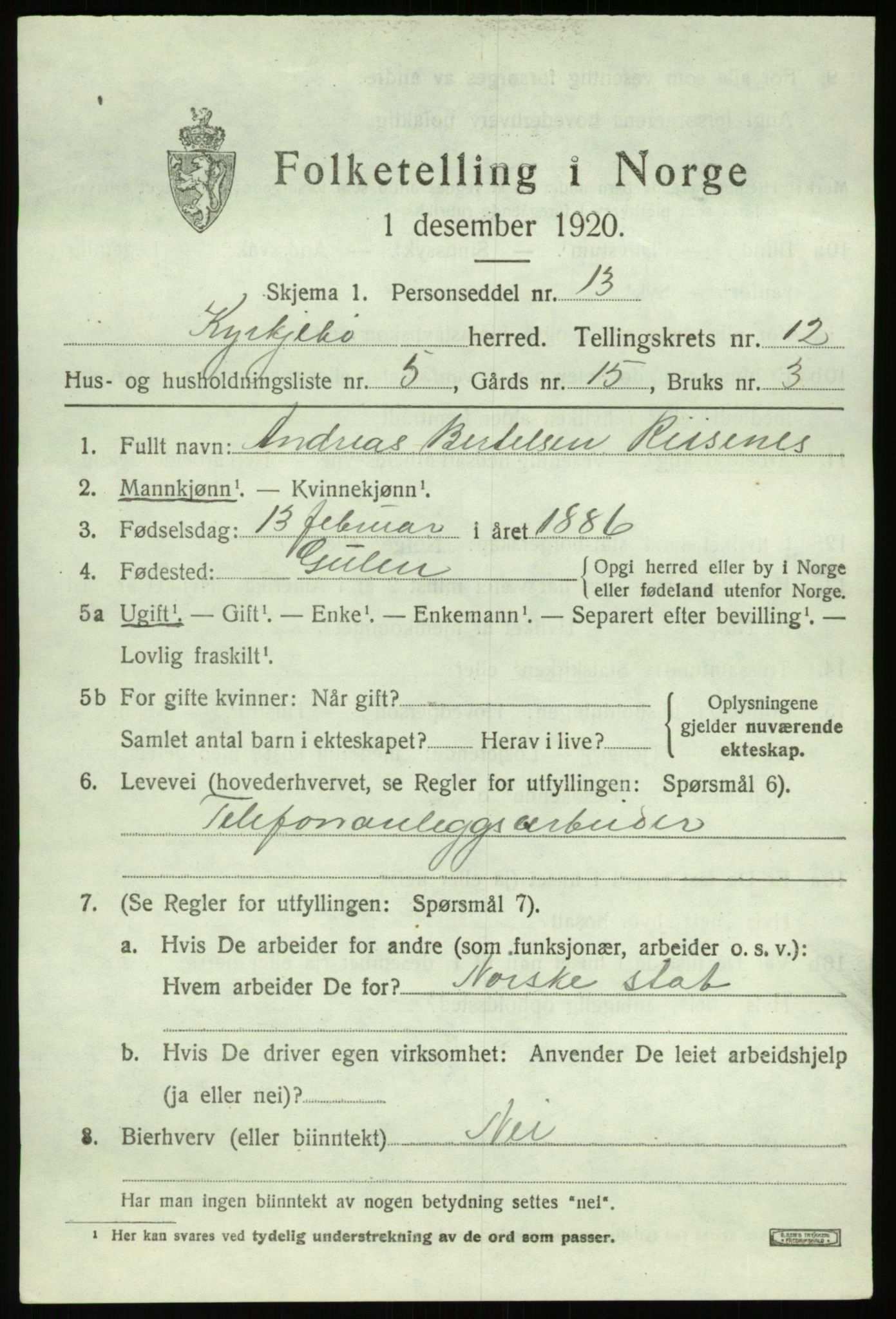 SAB, 1920 census for Kyrkjebø, 1920, p. 5945