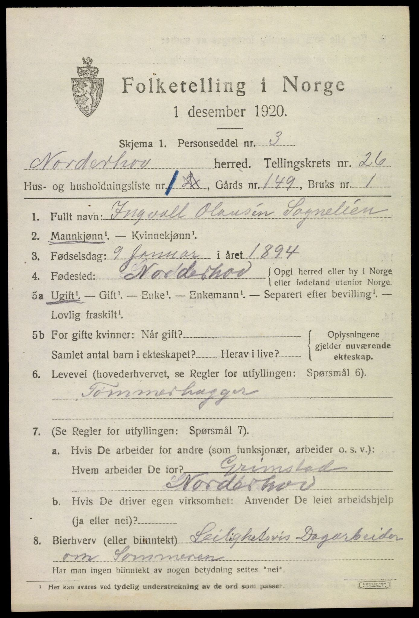 SAKO, 1920 census for Norderhov, 1920, p. 24109