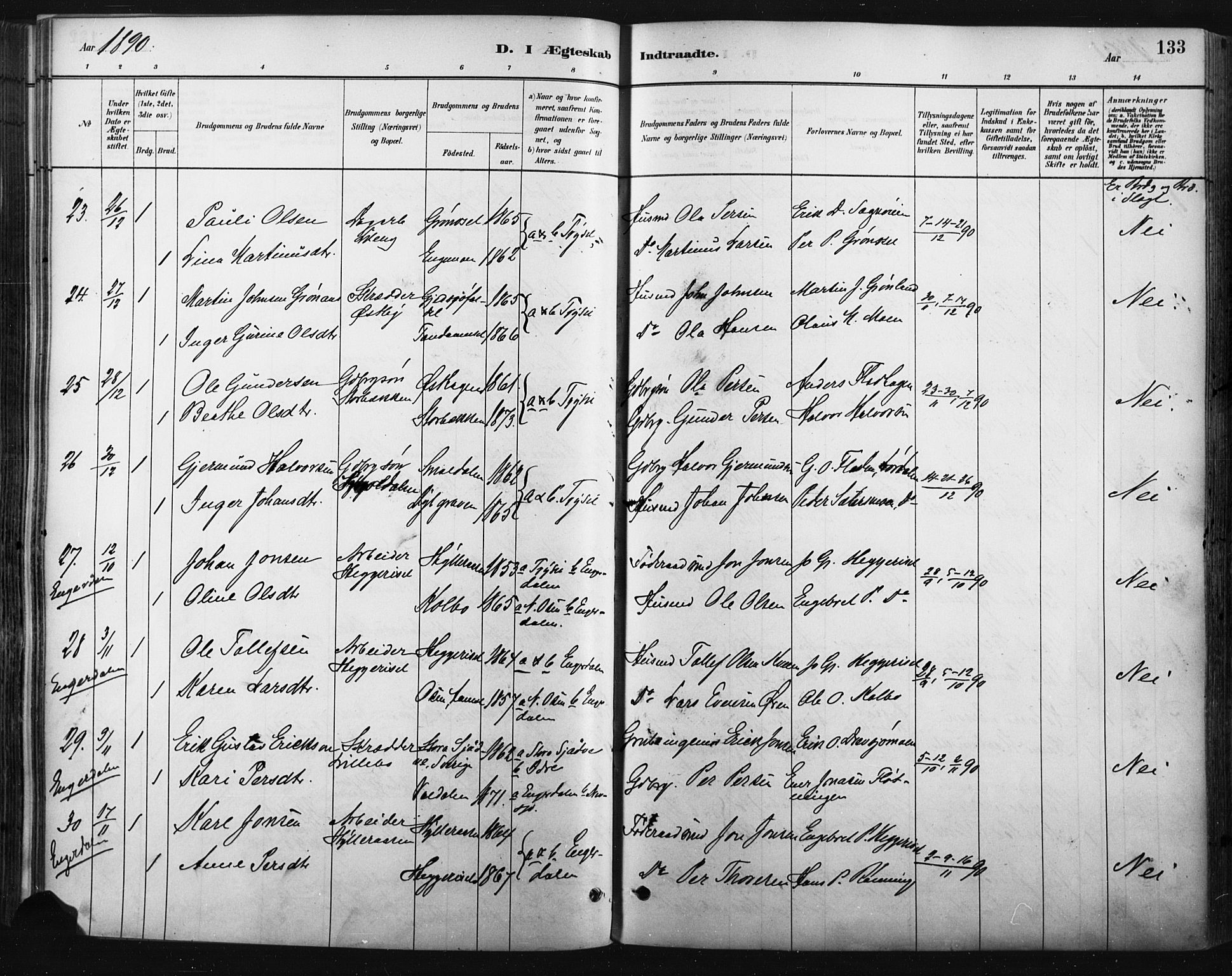 Trysil prestekontor, SAH/PREST-046/H/Ha/Haa/L0009: Parish register (official) no. 9, 1881-1897, p. 133