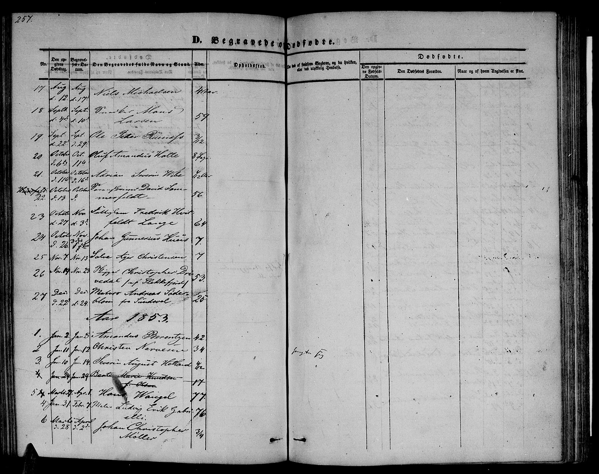 Arendal sokneprestkontor, Trefoldighet, SAK/1111-0040/F/Fb/L0002: Parish register (copy) no. B 2, 1838-1860, p. 257