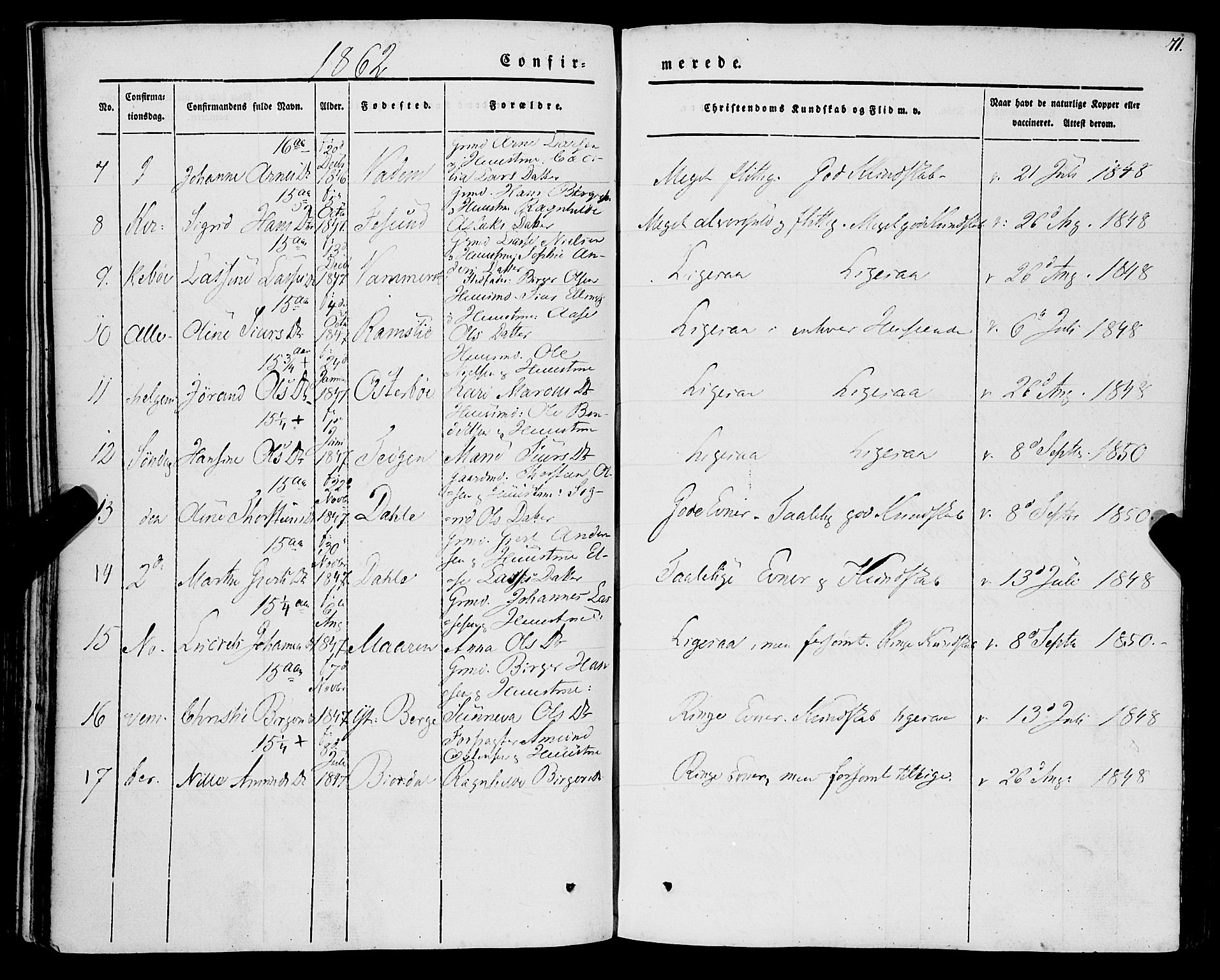 Lavik sokneprestembete, AV/SAB-A-80901: Parish register (official) no. A 3, 1843-1863, p. 71