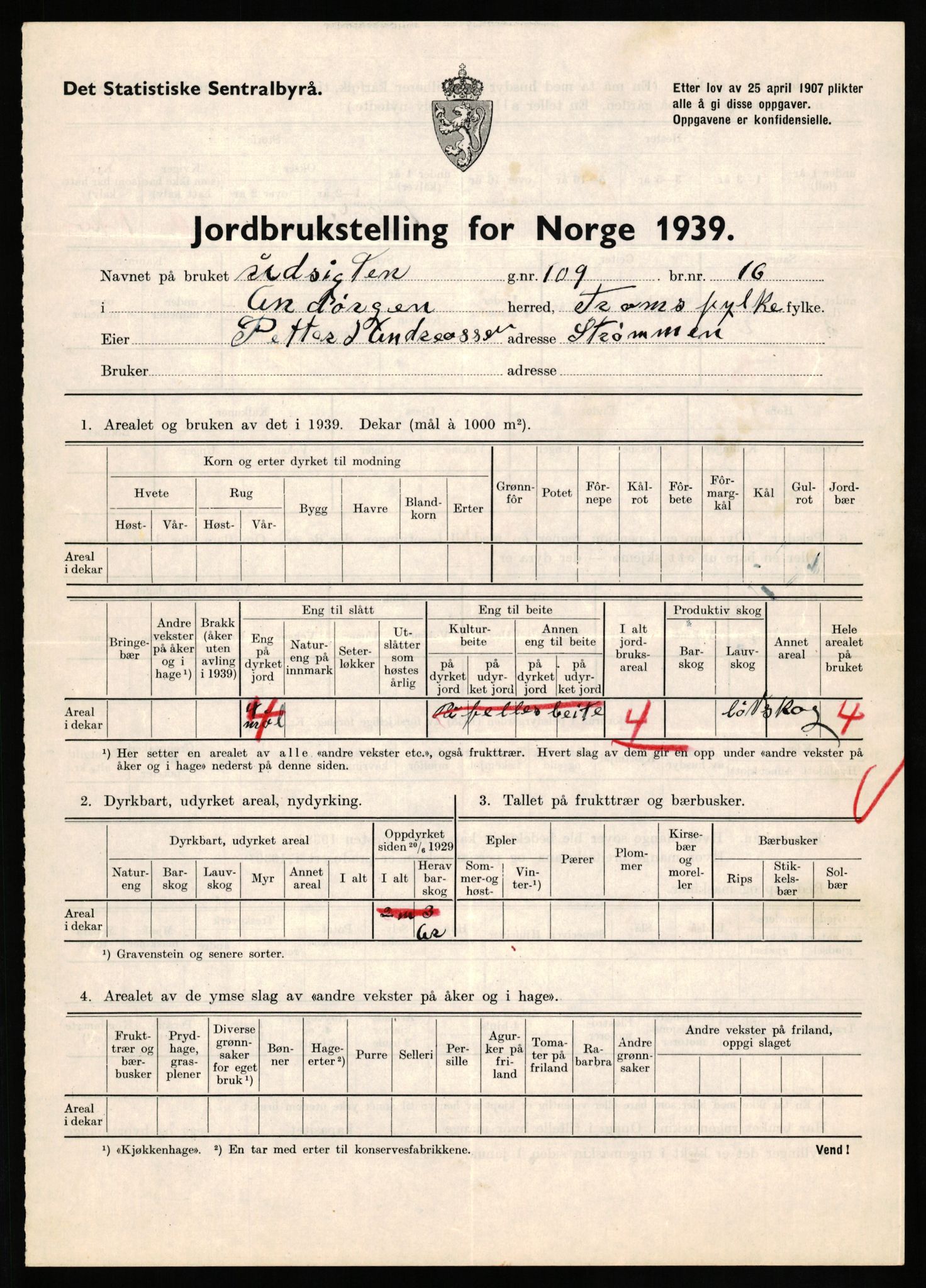 Statistisk sentralbyrå, Næringsøkonomiske emner, Jordbruk, skogbruk, jakt, fiske og fangst, AV/RA-S-2234/G/Gb/L0339: Troms: Andørja, Astafjord og Lavangen, 1939, p. 408