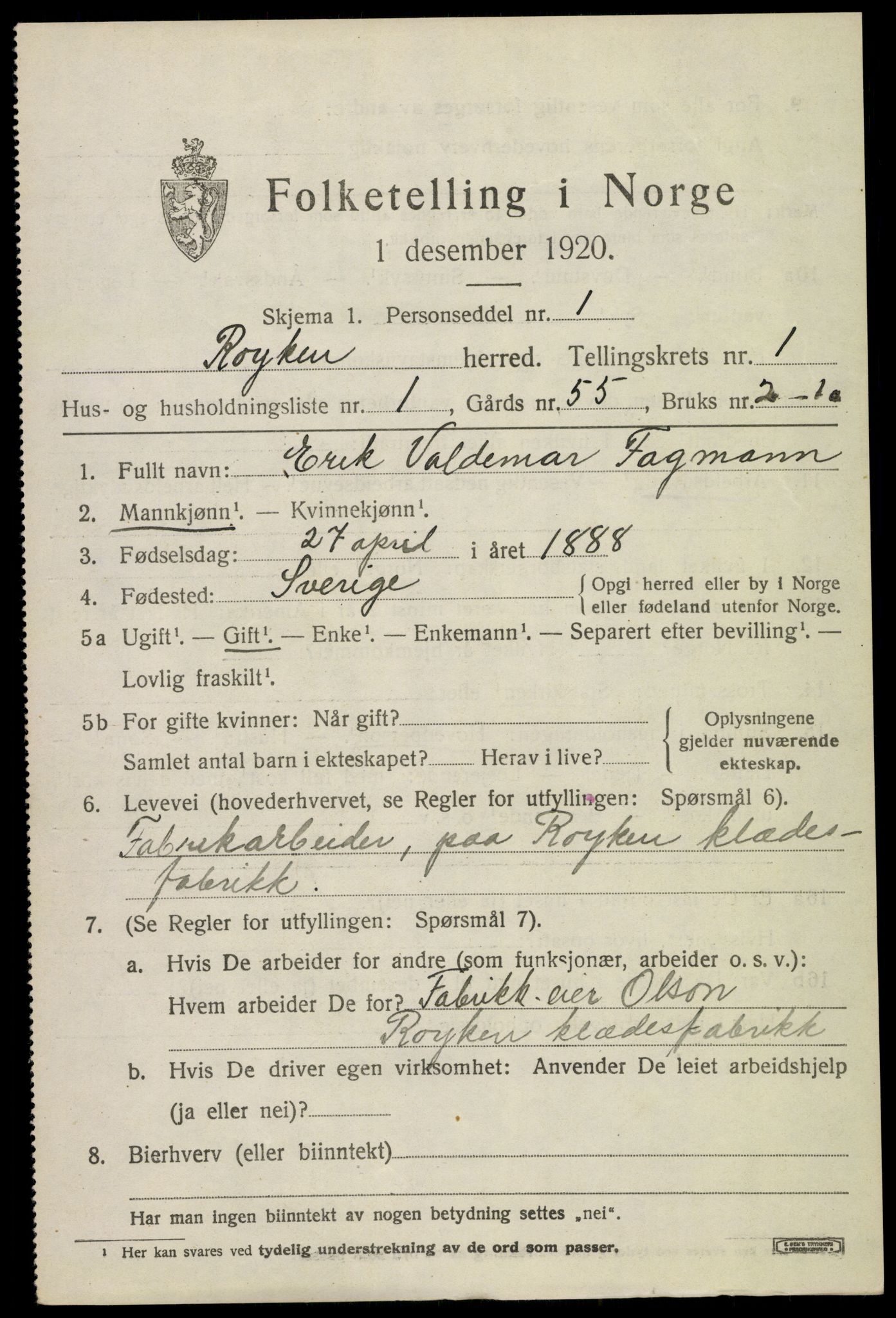 SAKO, 1920 census for Røyken, 1920, p. 11694