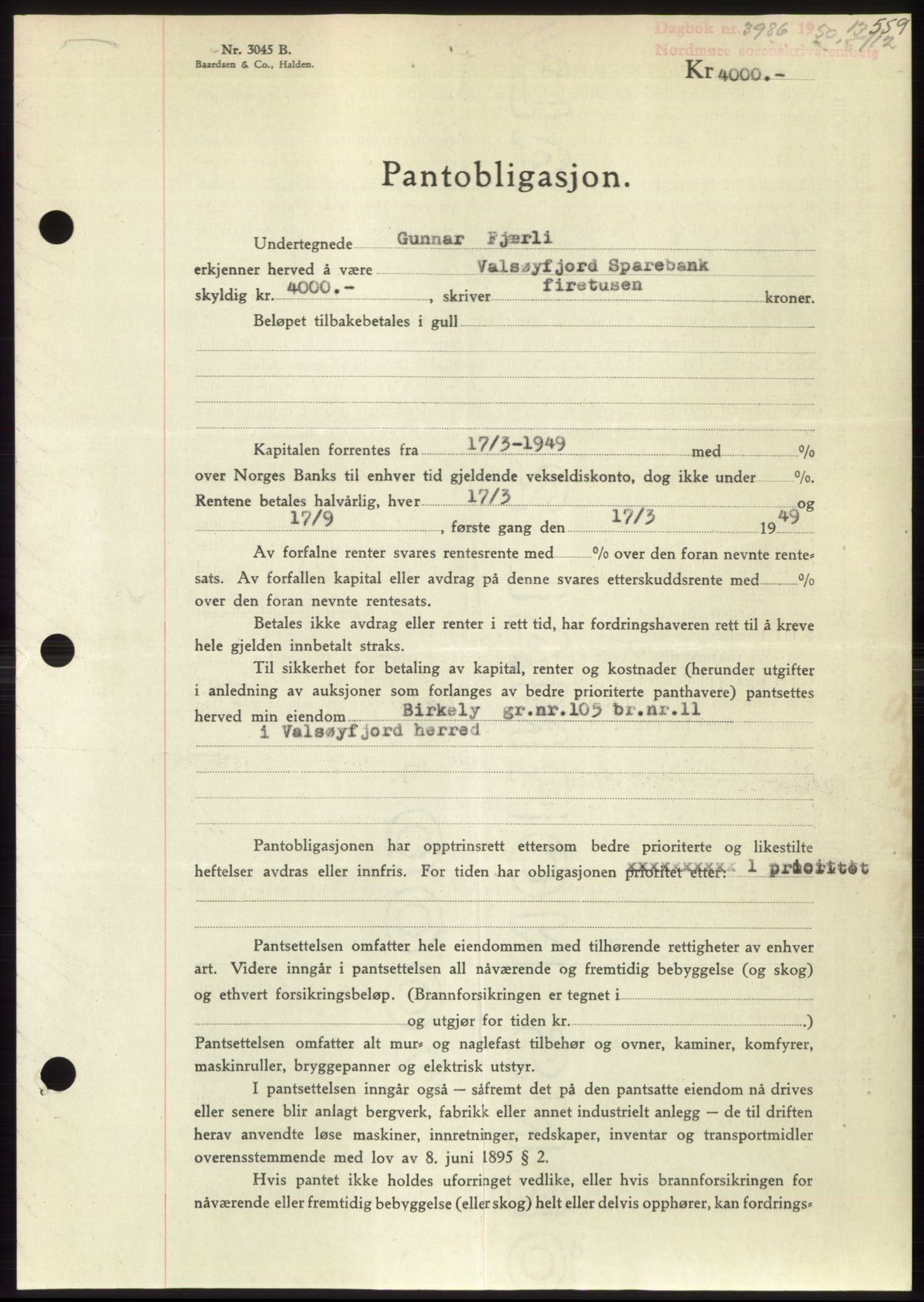 Nordmøre sorenskriveri, AV/SAT-A-4132/1/2/2Ca: Mortgage book no. B106, 1950-1950, Diary no: : 3986/1950