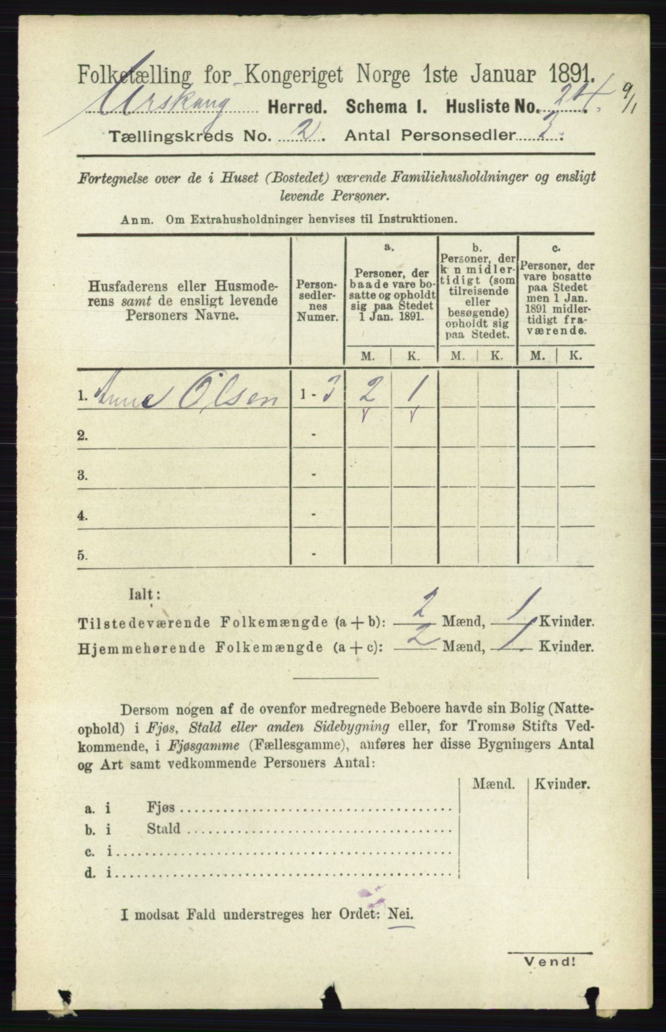 RA, 1891 census for 0224 Aurskog, 1891, p. 186