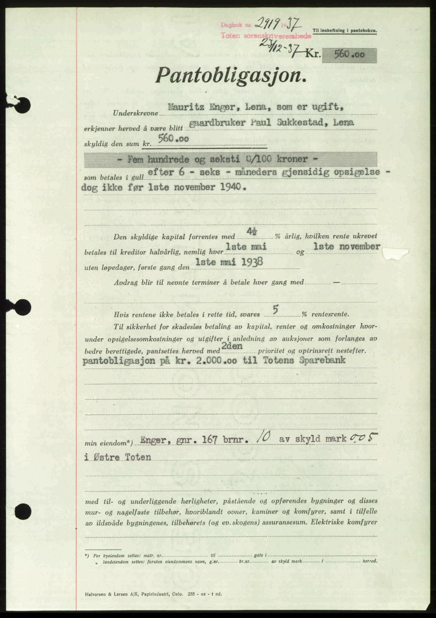 Toten tingrett, SAH/TING-006/H/Hb/Hbc/L0003: Mortgage book no. Hbc-03, 1937-1938, Diary no: : 2919/1937